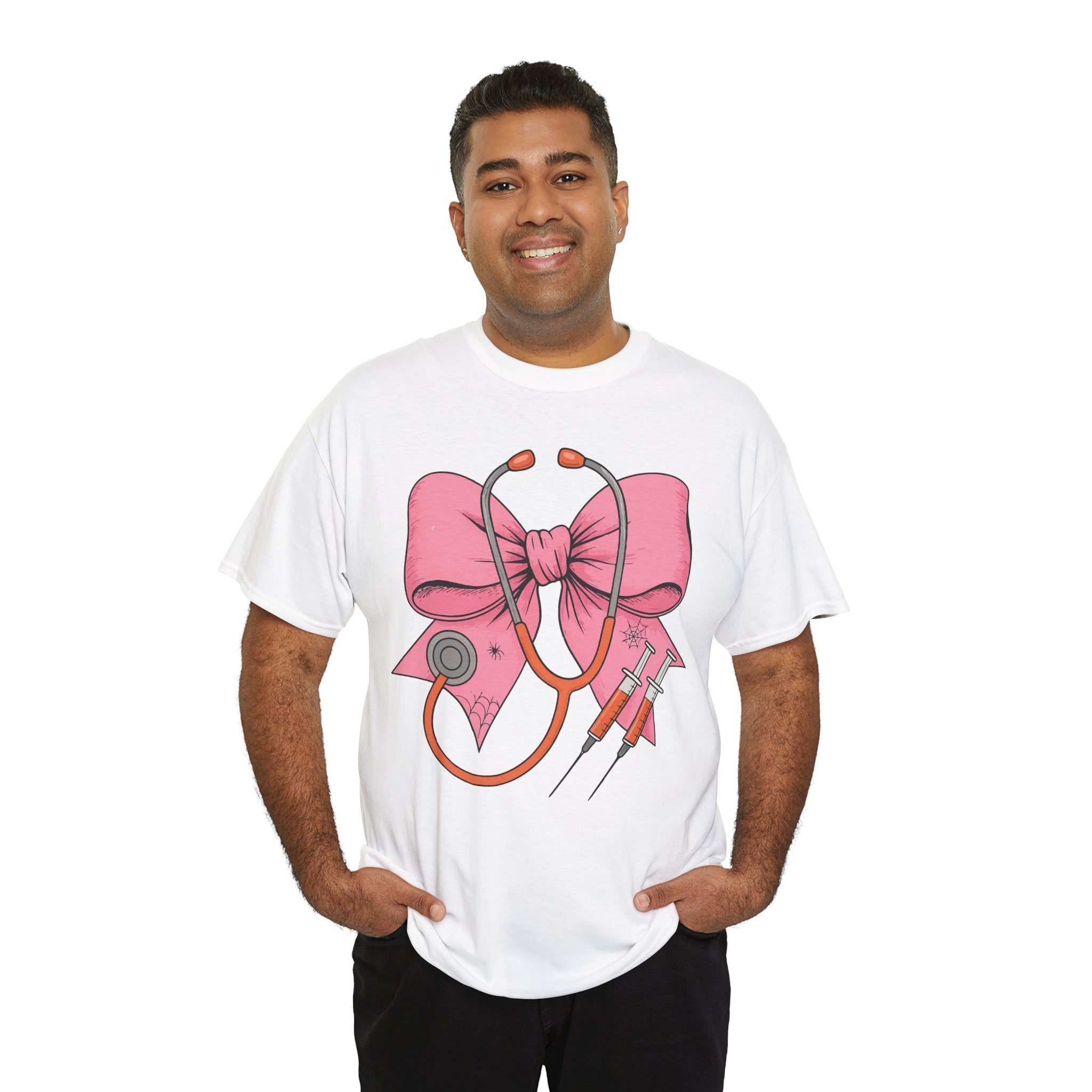 Halloween Nurse T‑Shirt — Pink Nurse Bow with Stethoscope, Syringes & Spider Webs..Unisex Cotton Tee