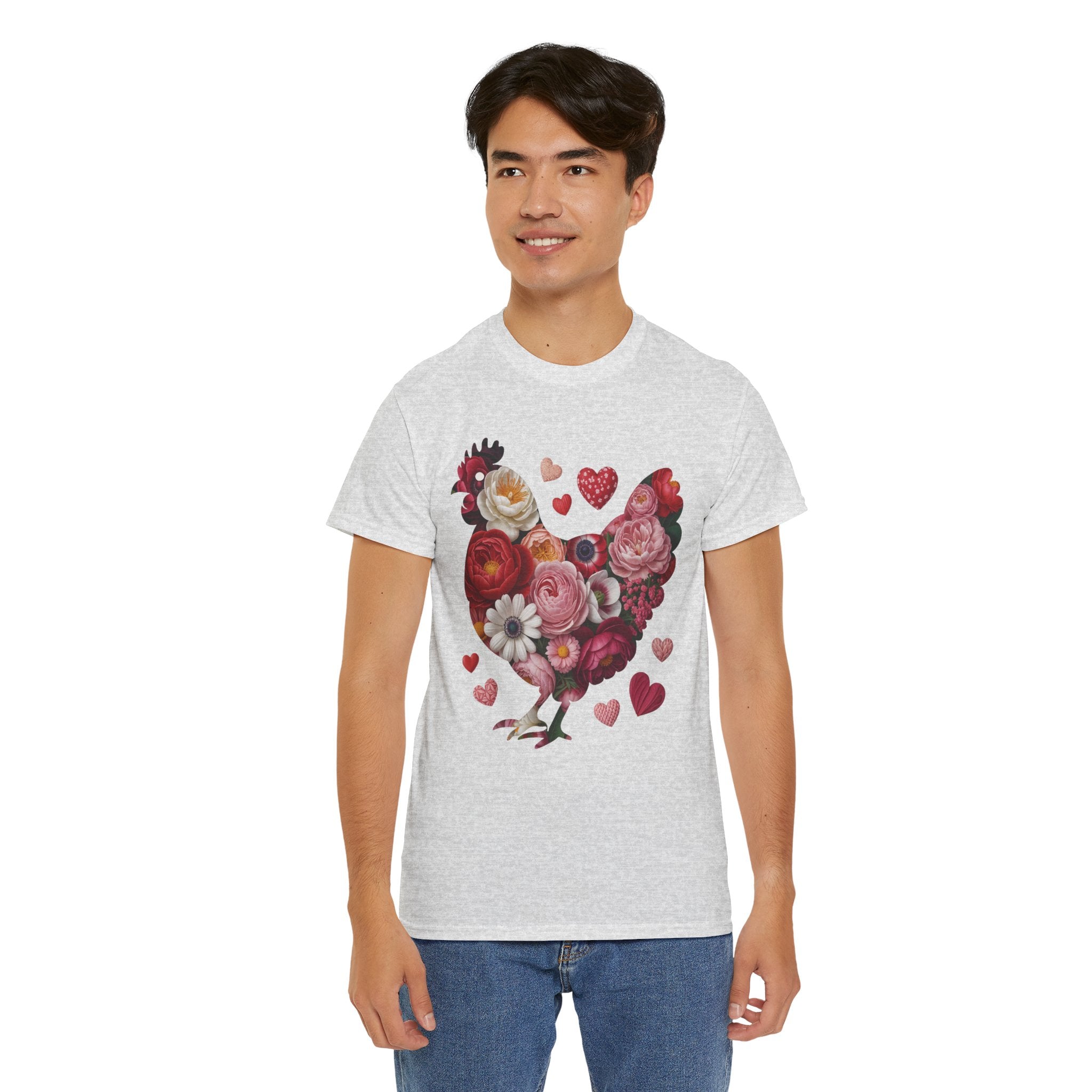 Floral Chicken Heart Tee — Red & Pink Flower Silhouette Unisex Cotton Tee