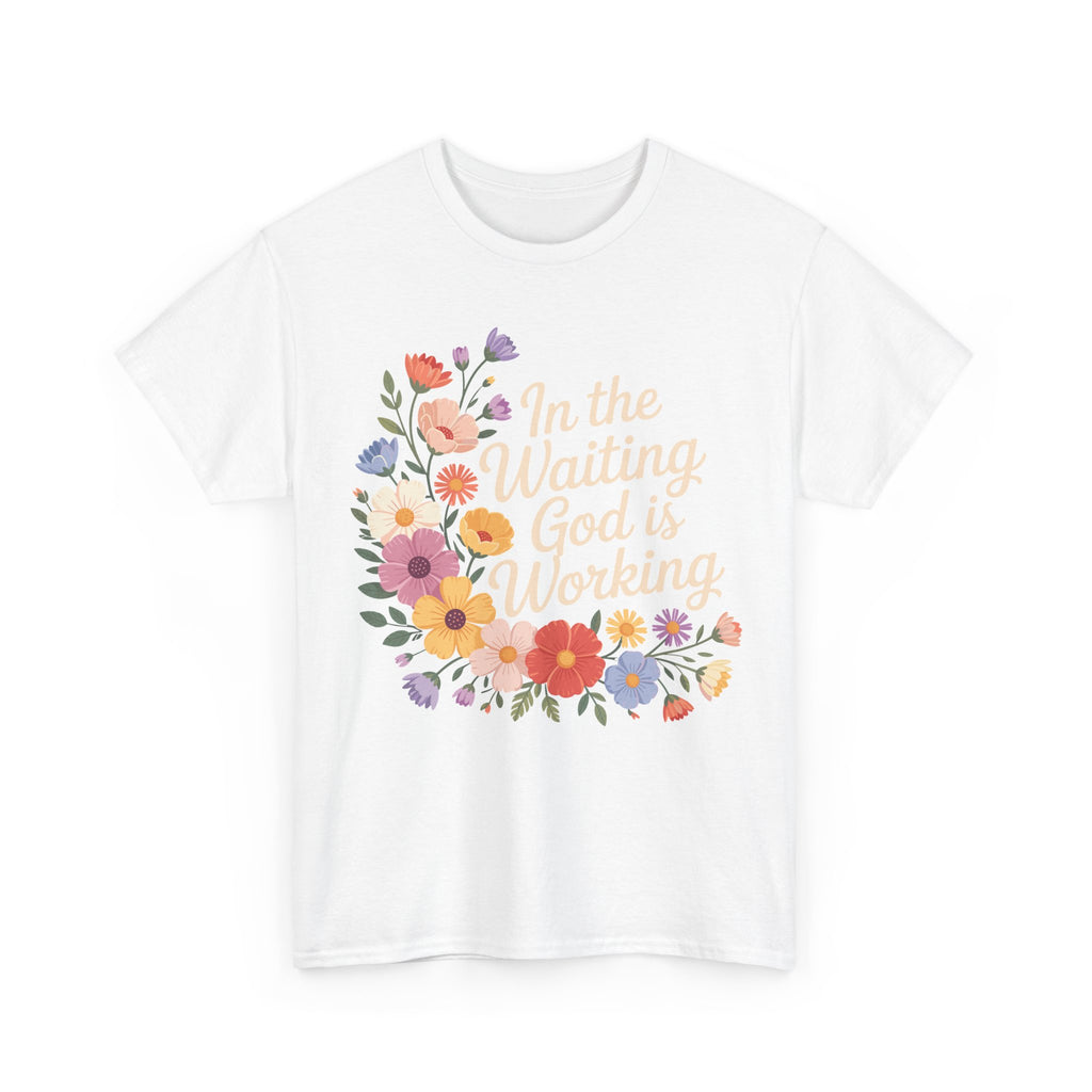 Pastel Floral “In the Waiting God Is Working” Unisex Cotton T-Shirt
