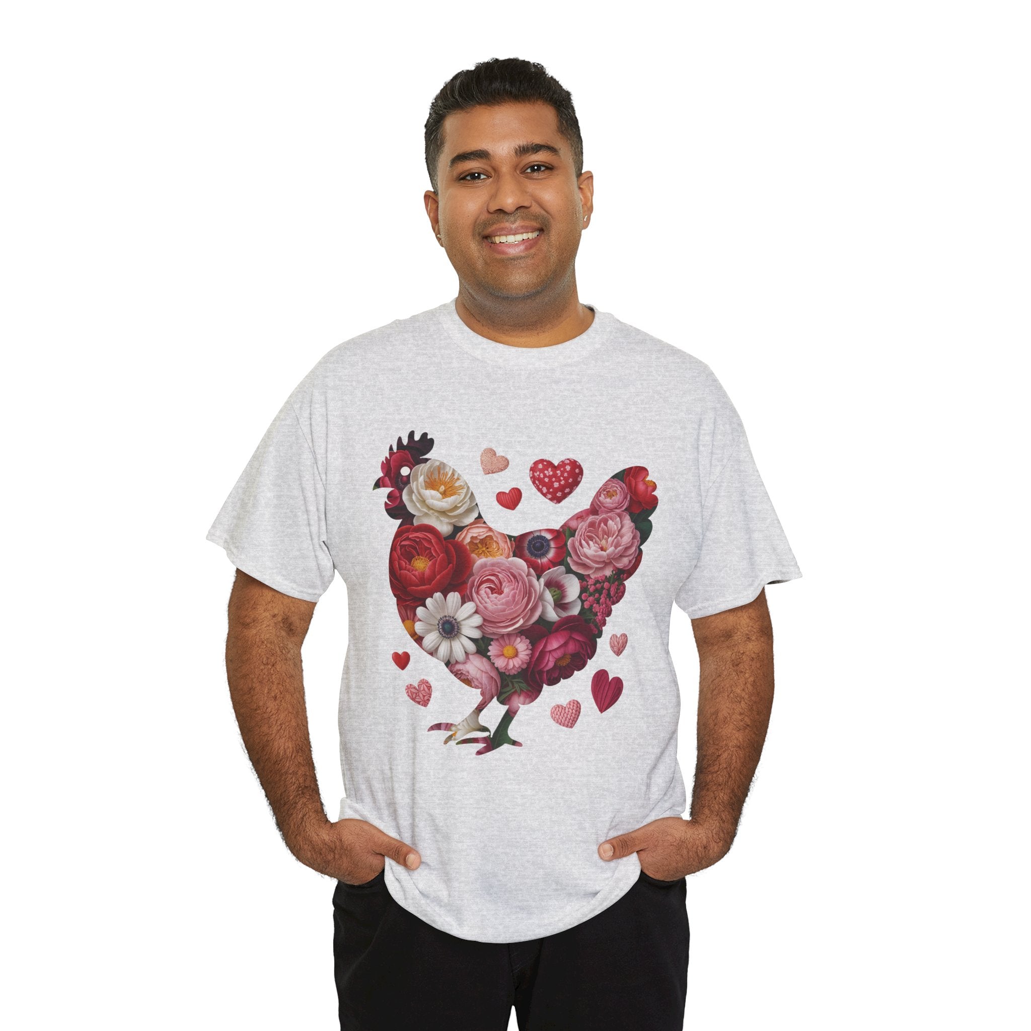 Floral Chicken Heart Tee — Red & Pink Flower Silhouette Unisex Cotton Tee