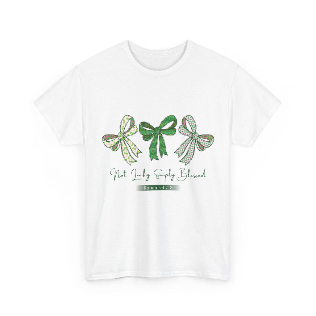 Not Lucky Simply Blessed Tee — Romans 4:7-8 Green Bow Christian Unisex Cotton T-Shirt