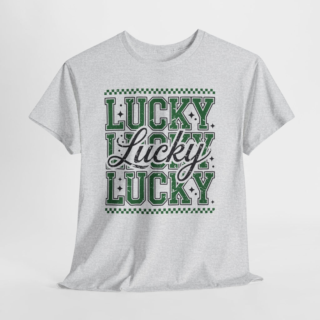 Lucky Varsity Tee — Layered Green ‘Lucky’ Graphic Unisex Cotton Tee