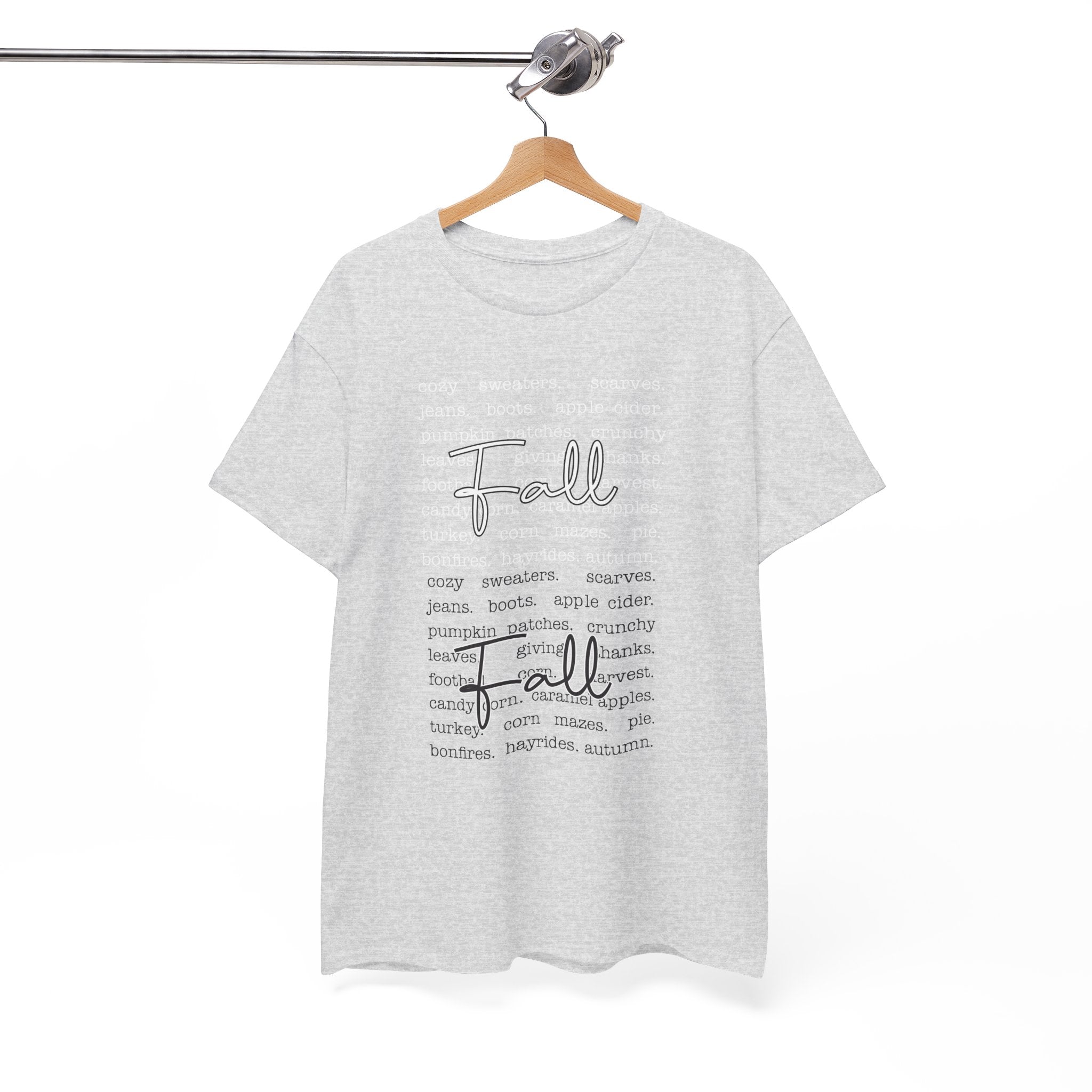 Fall Cursive Typography T-Shirt — Sweaters, Cider & Pumpkins. Unisex Cotton Tee