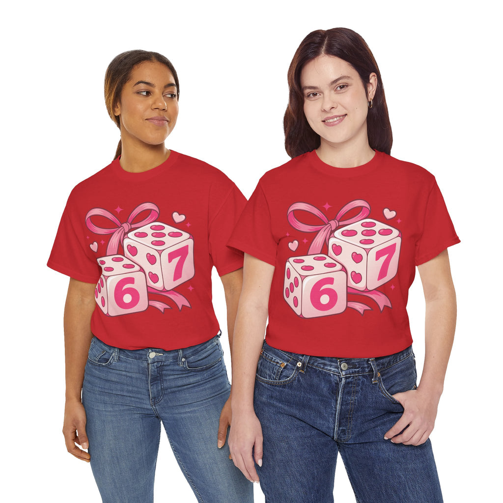 Lucky Love Dice T-Shirt — Pink Heart Dice with Bow..Unisex Cotton Tee