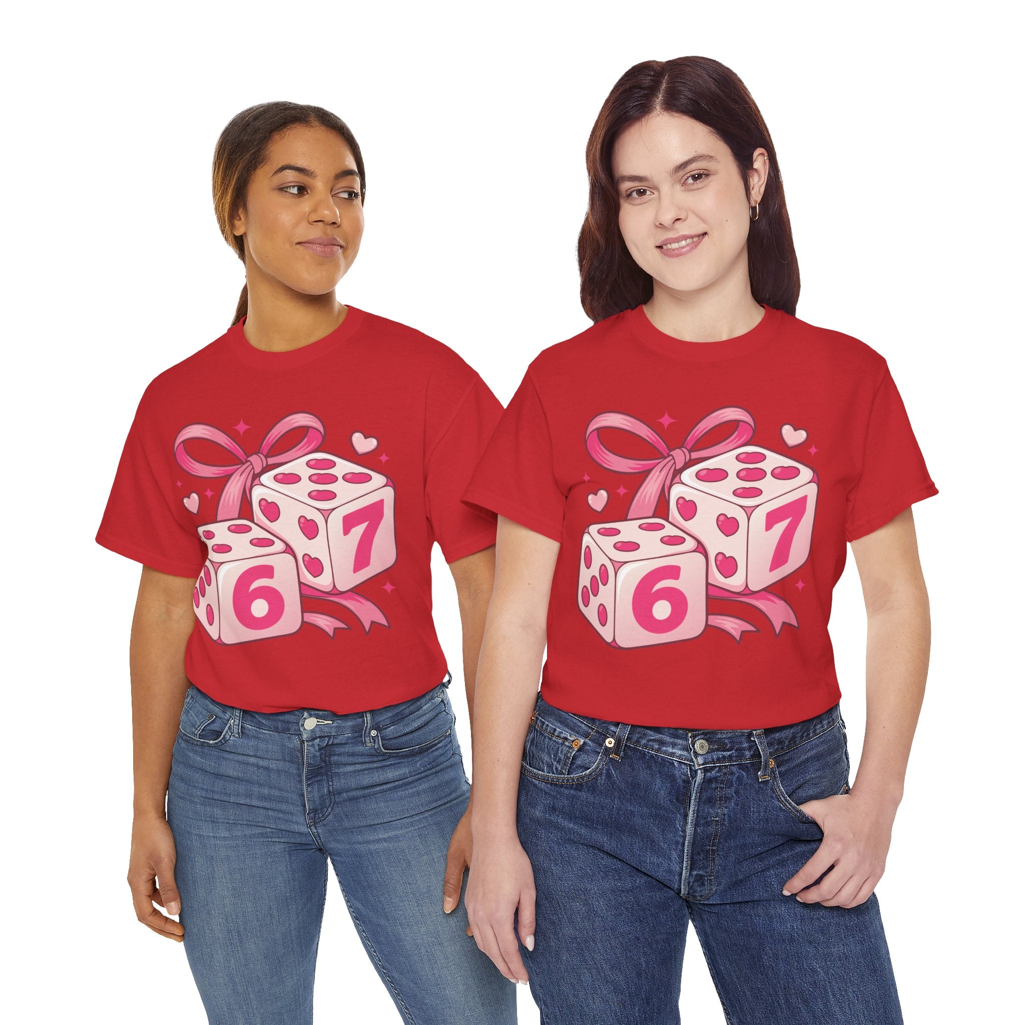 Lucky Love Dice T-Shirt — Pink Heart Dice with Bow..Unisex Cotton Tee