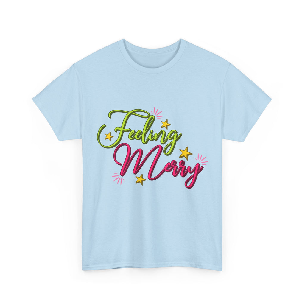 Feeling Merry T-Shirt — Bright Green & Pink Holiday Tee with Stars.Unisex Cotton Tee