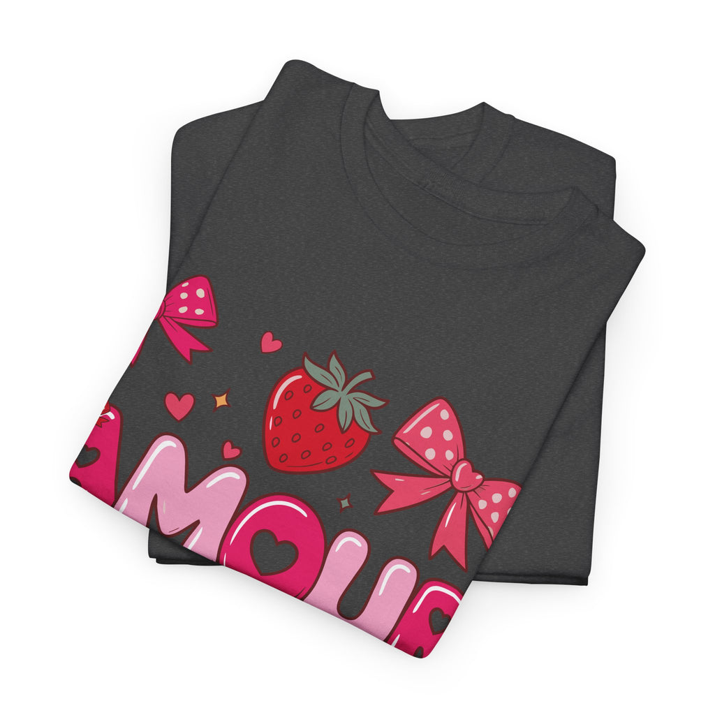 Amour Pink Hearts Tee — Shiny Lettering with Bows, Cherries & Strawberry Accent...Unisex Cotton Tee