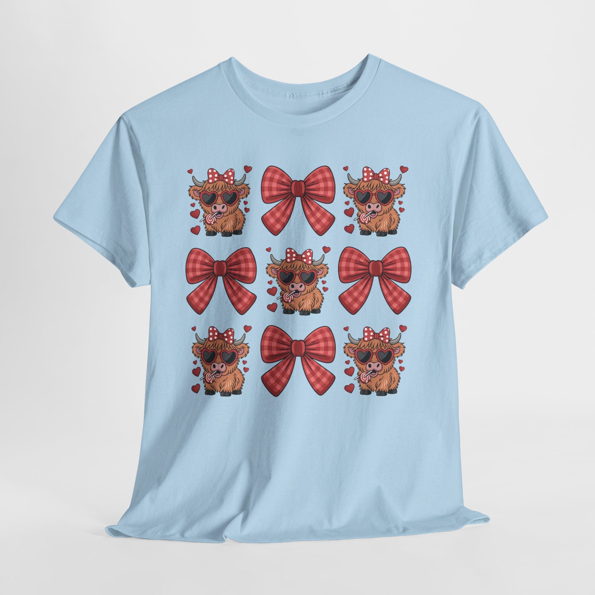 Valentine Cow Checkered Tee — Fluffy Cows with Heart Sunglasses & Red Bows..Unisex Cotton Tee