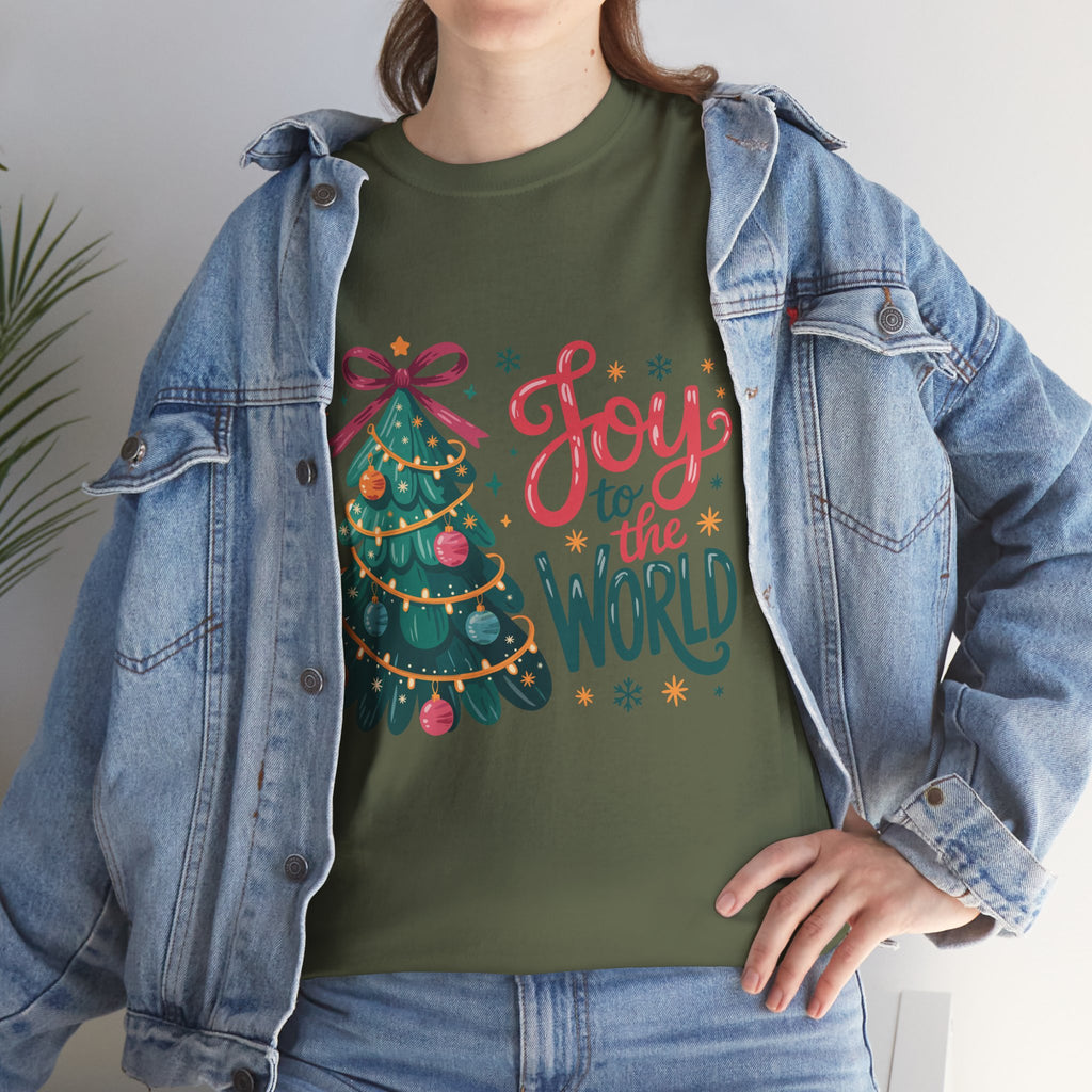 Joy to the World Christmas Tee — Festive Tree with Pink Bow..Unisex Cotton Tee