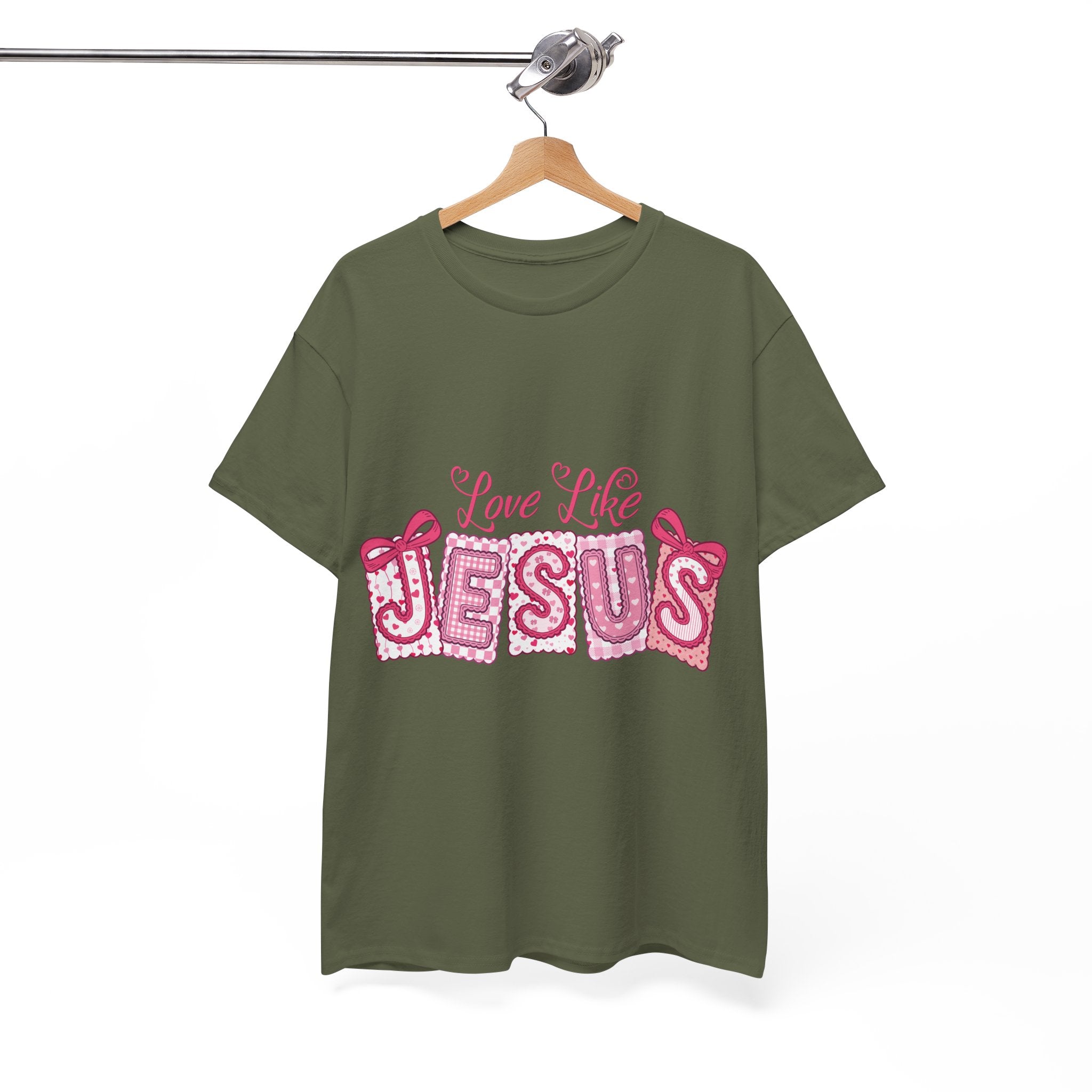 Love Like Jesus Patchwork Tee — Pink Stitched Heart Graphic.Unisex Cotton Tee