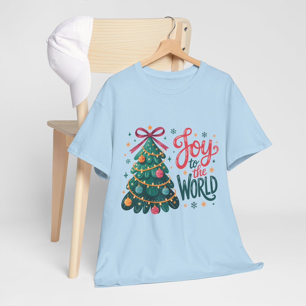 Joy to the World Christmas Tee — Festive Tree with Pink Bow..Unisex Cotton Tee