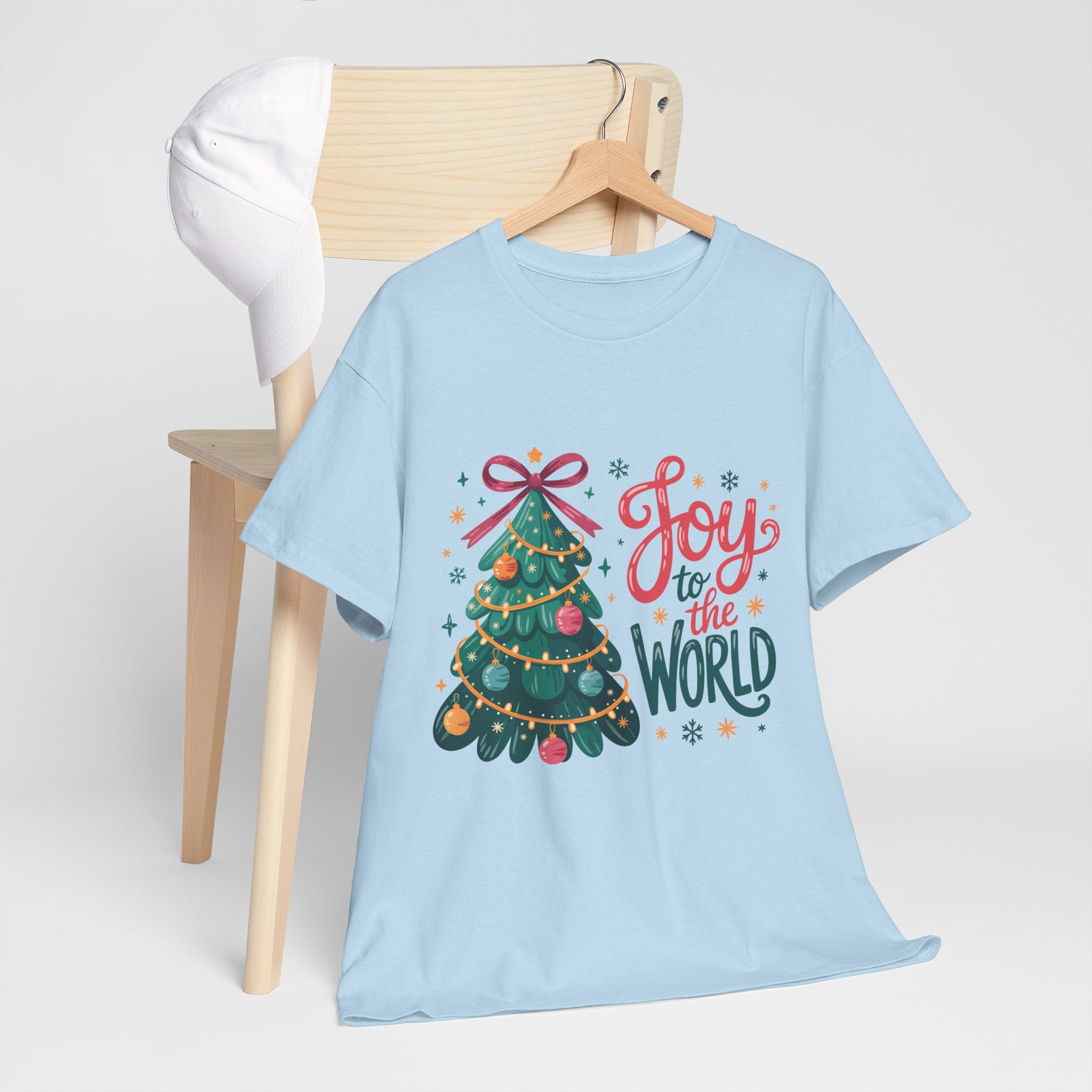 Joy to the World Christmas Tee — Festive Tree with Pink Bow..Unisex Cotton Tee