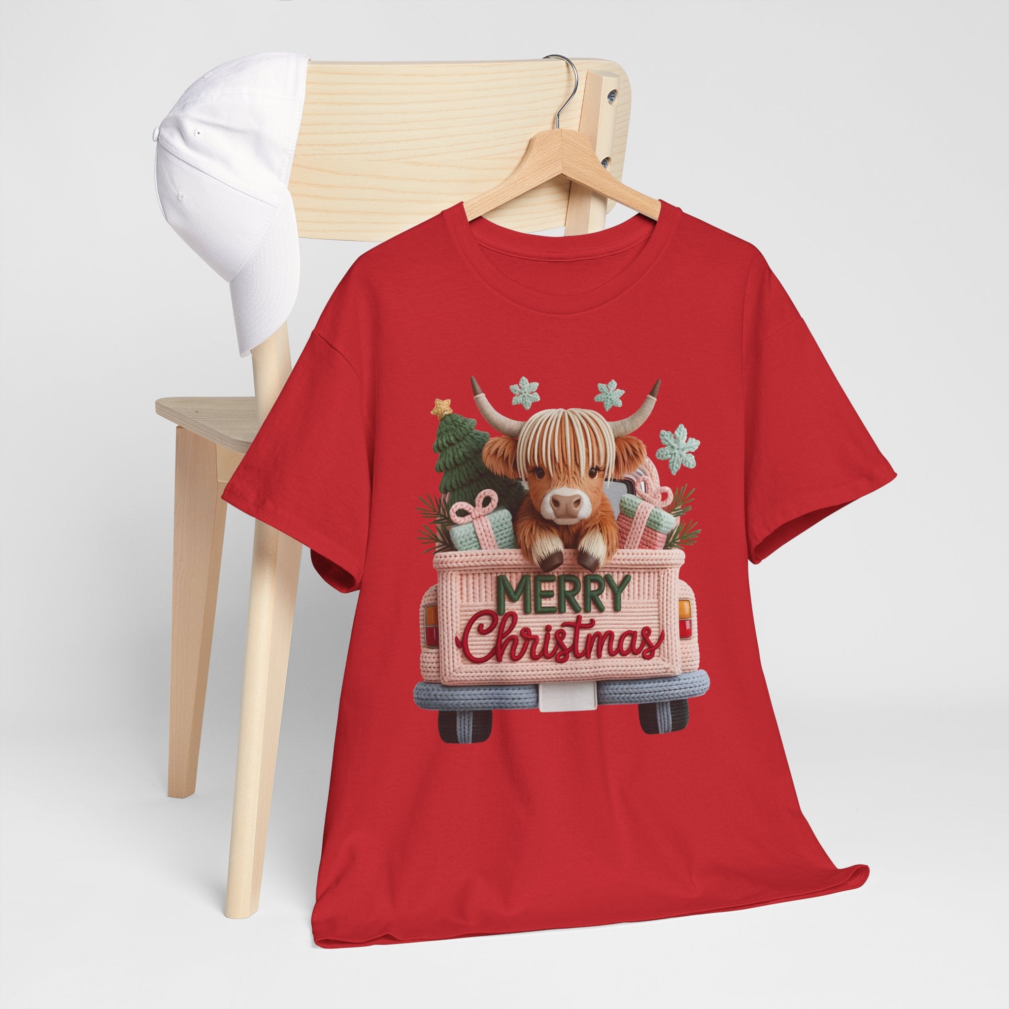 Merry Christmas Highland Cow Knit Truck Unisex Cotton T-Shirt