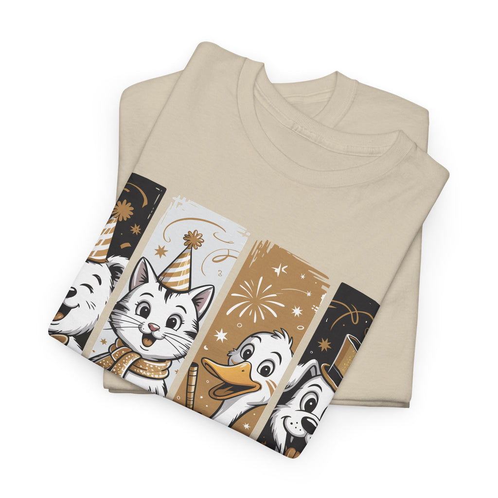 Happy New Year Party Animals T-Shirt — Cute Smiling Animals in Party Hats & Gold Fireworks..Unisex Cotton Tee