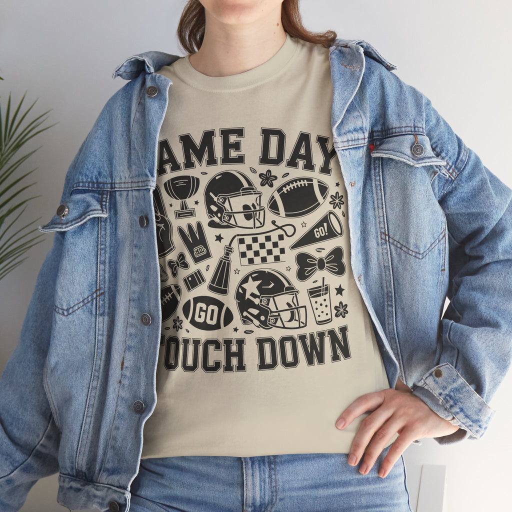 Game Day Touch Down Football T‑Shirt — Helmet & Cheer Monochrome Design Unisex Cotton Tee