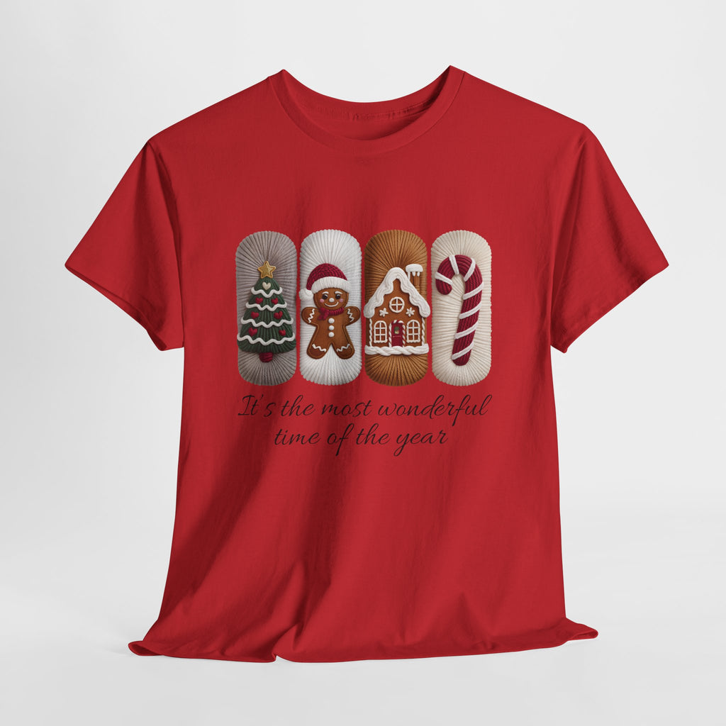 Christmas Faux-Yarn Tree Tee — Gingerbread House & Candy Cane Holiday Unisex Cotton T-Shirt