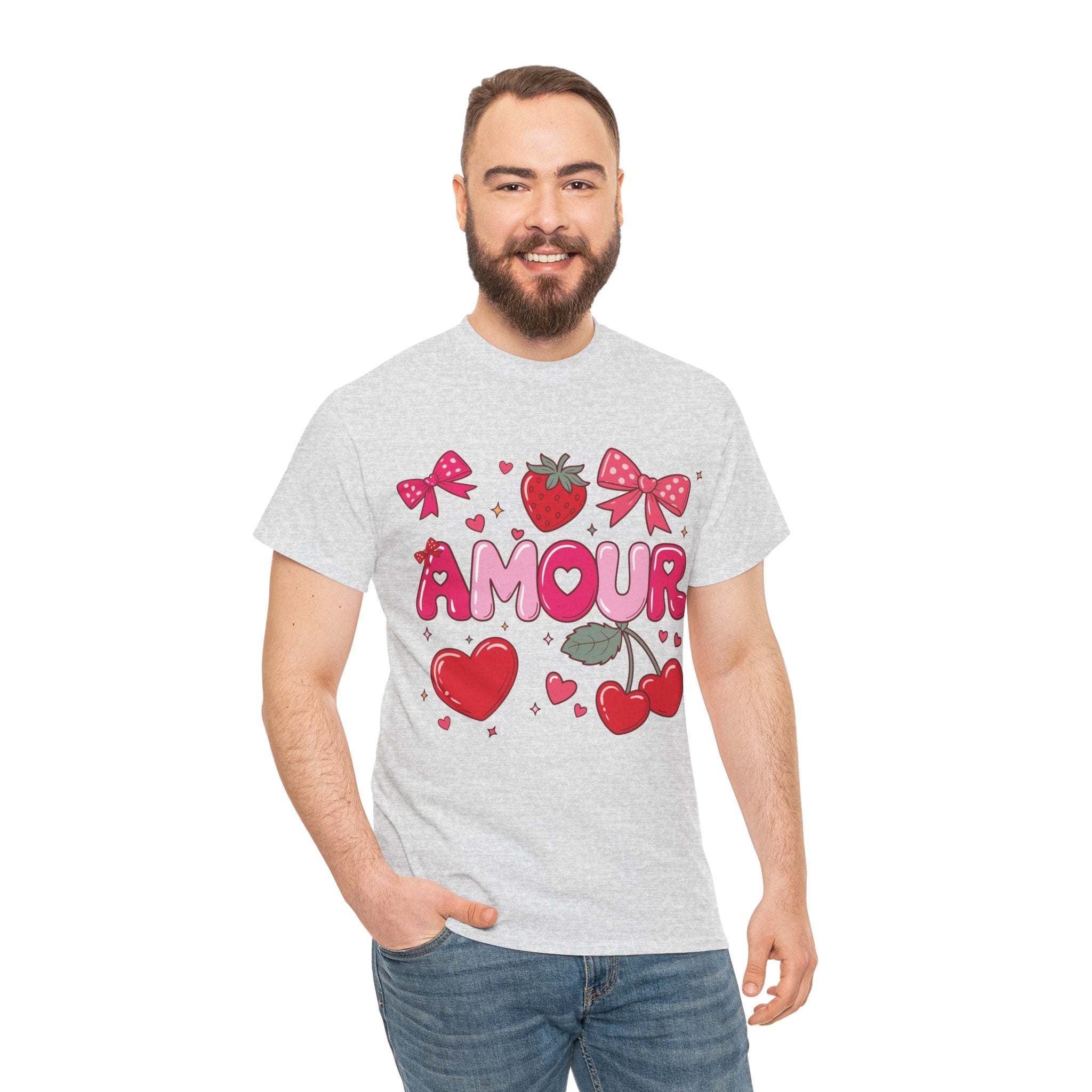 Amour Pink Hearts Tee — Shiny Lettering with Bows, Cherries & Strawberry Accent...Unisex Cotton Tee