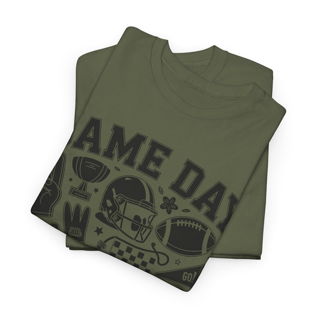 Game Day Touch Down Football T‑Shirt — Helmet & Cheer Monochrome Design Unisex Cotton Tee