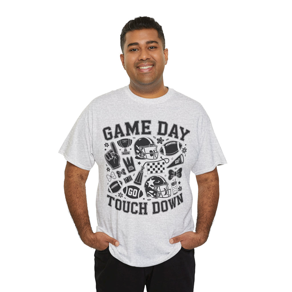 Game Day Touch Down Football T‑Shirt — Helmet & Cheer Monochrome Design Unisex Cotton Tee