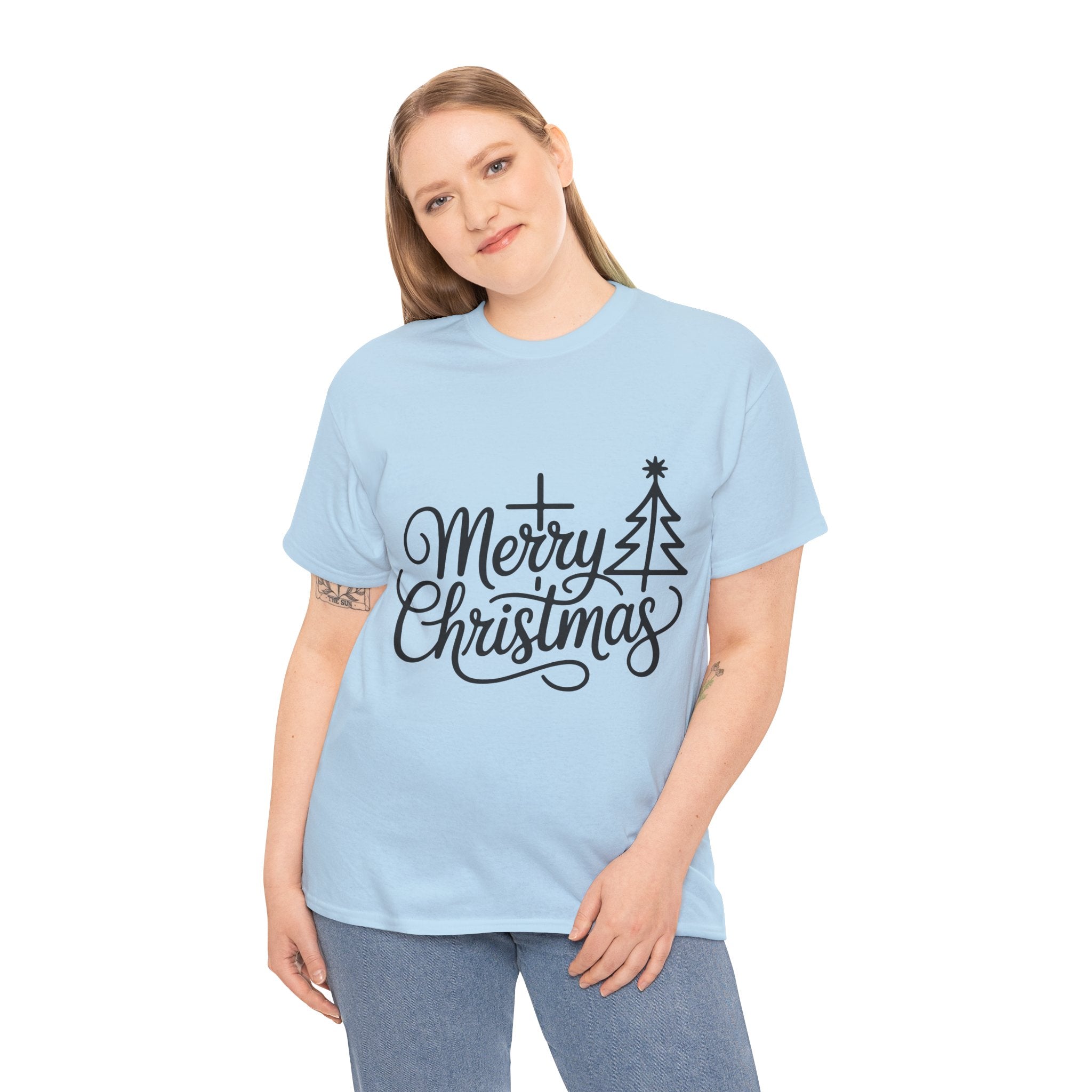Merry Christmas Script T-Shirt with Cross & Tree(Unisex Cotton Tee)