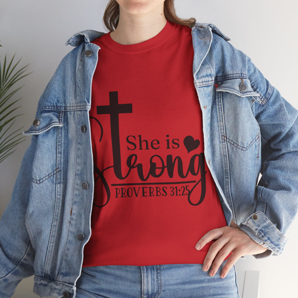 Proverbs 31:25 'She is Strong' T-Shirt – Christian Cross & Heart Unisex Cotton Tee