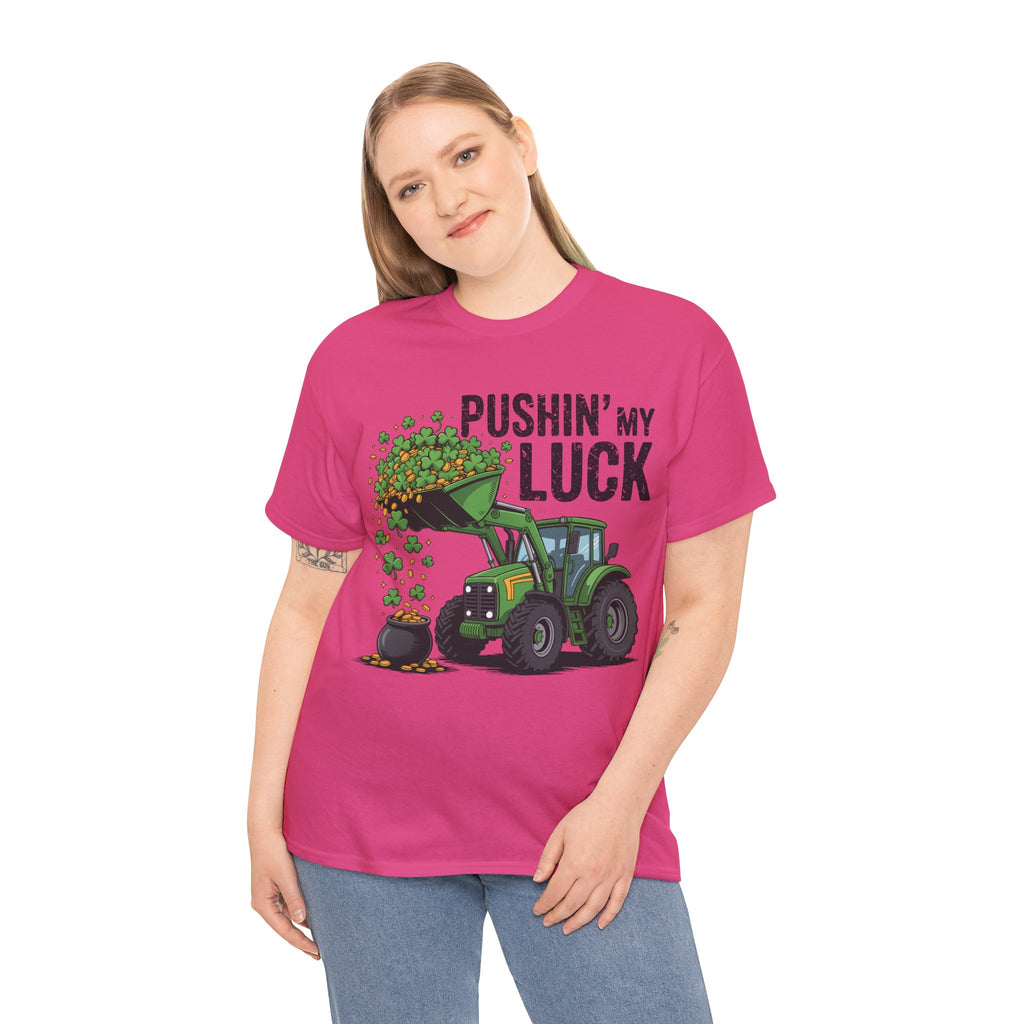Pushin' My Luck Shamrock Tractor Tee — St. Patrick's Day Unisex Cotton T-Shirt