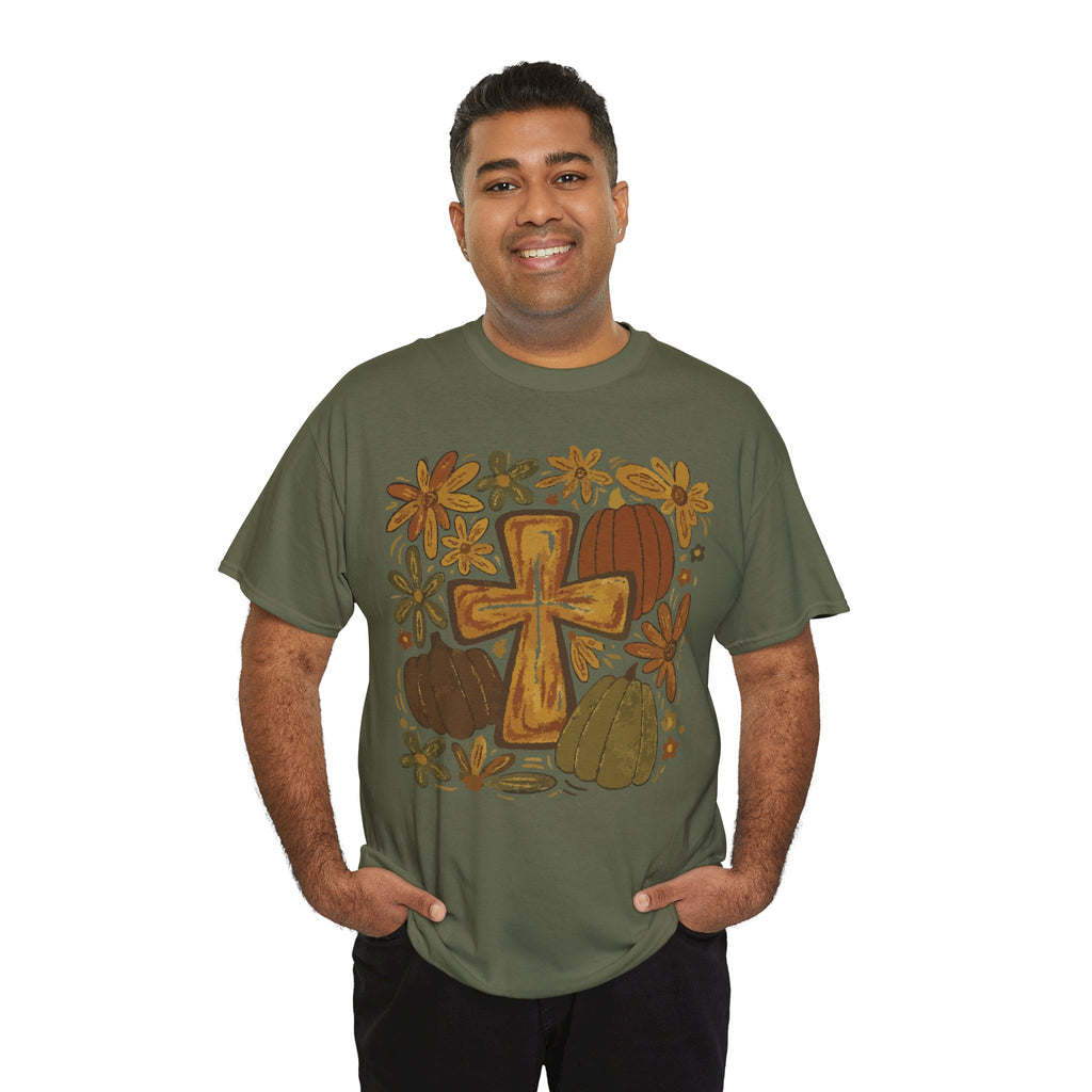 Autumn Cross Tee — Rustic Pumpkin & Fall Floral Christian Unisaex Cotton T-Shirt