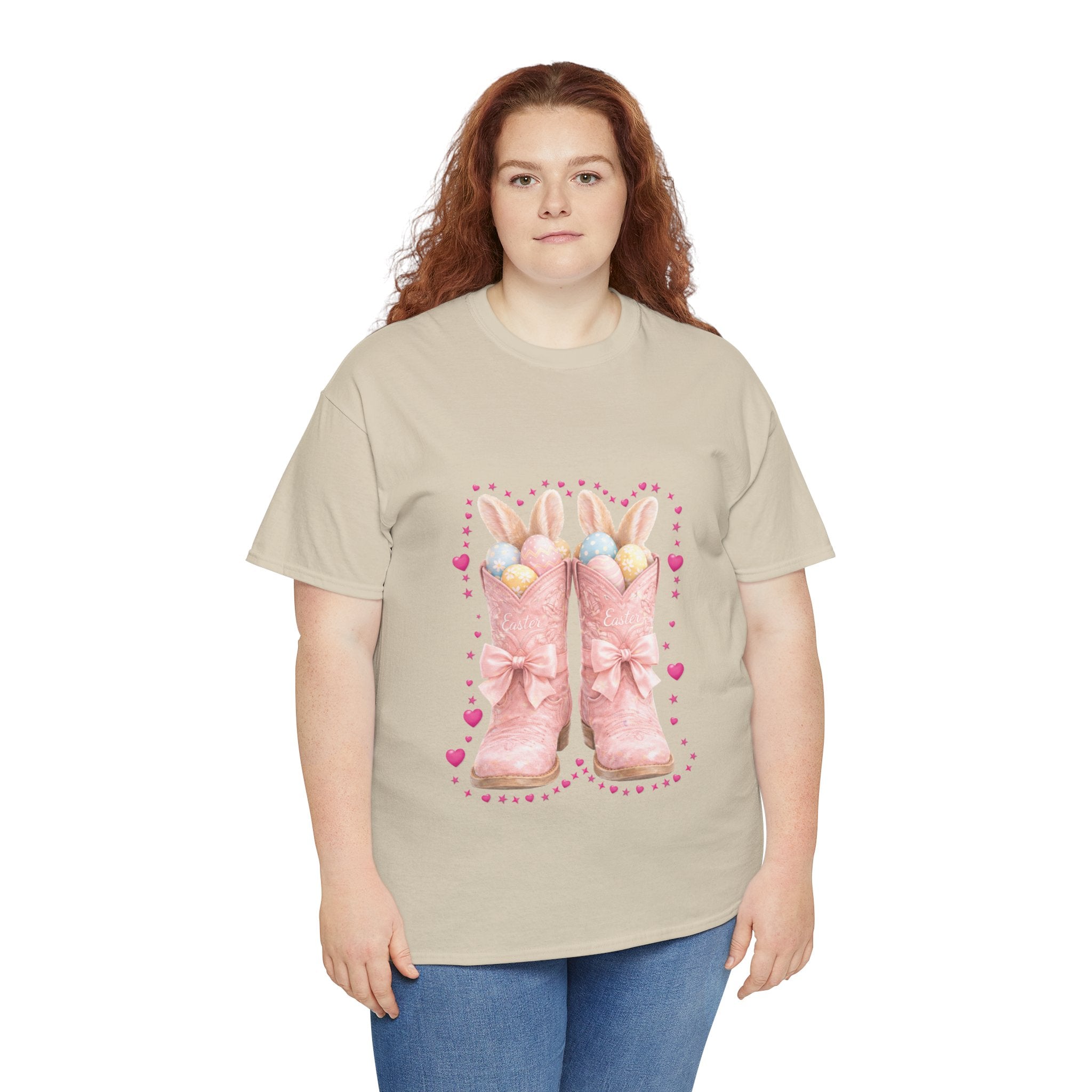 Easter Pink Western Boots Tee — Pastel Bunny Eggs & Bows Unisex Cotton Tee