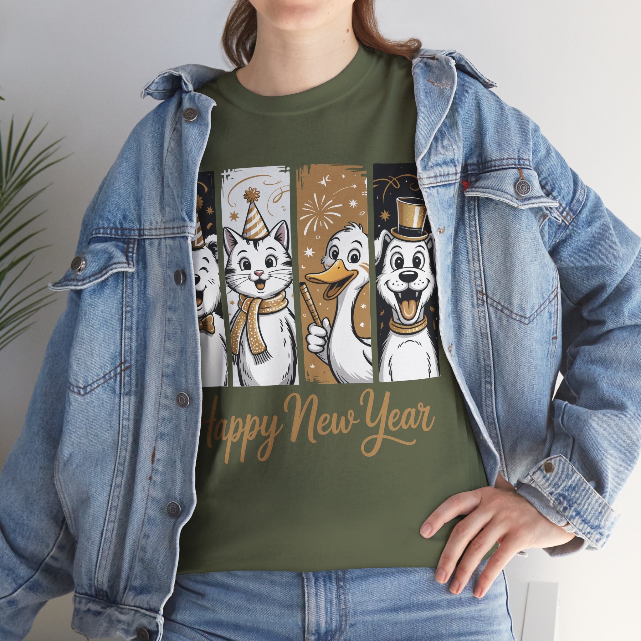 Happy New Year Party Animals T-Shirt — Cute Smiling Animals in Party Hats & Gold Fireworks..Unisex Cotton Tee