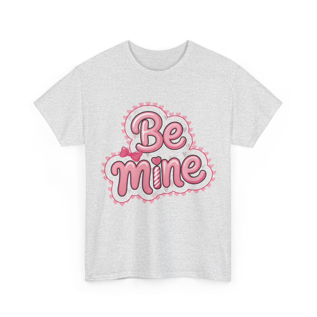 Be Mine Valentine T-Shirt — Pink Bubble Letters with Hearts & Bow..Unisex Cotton Tee