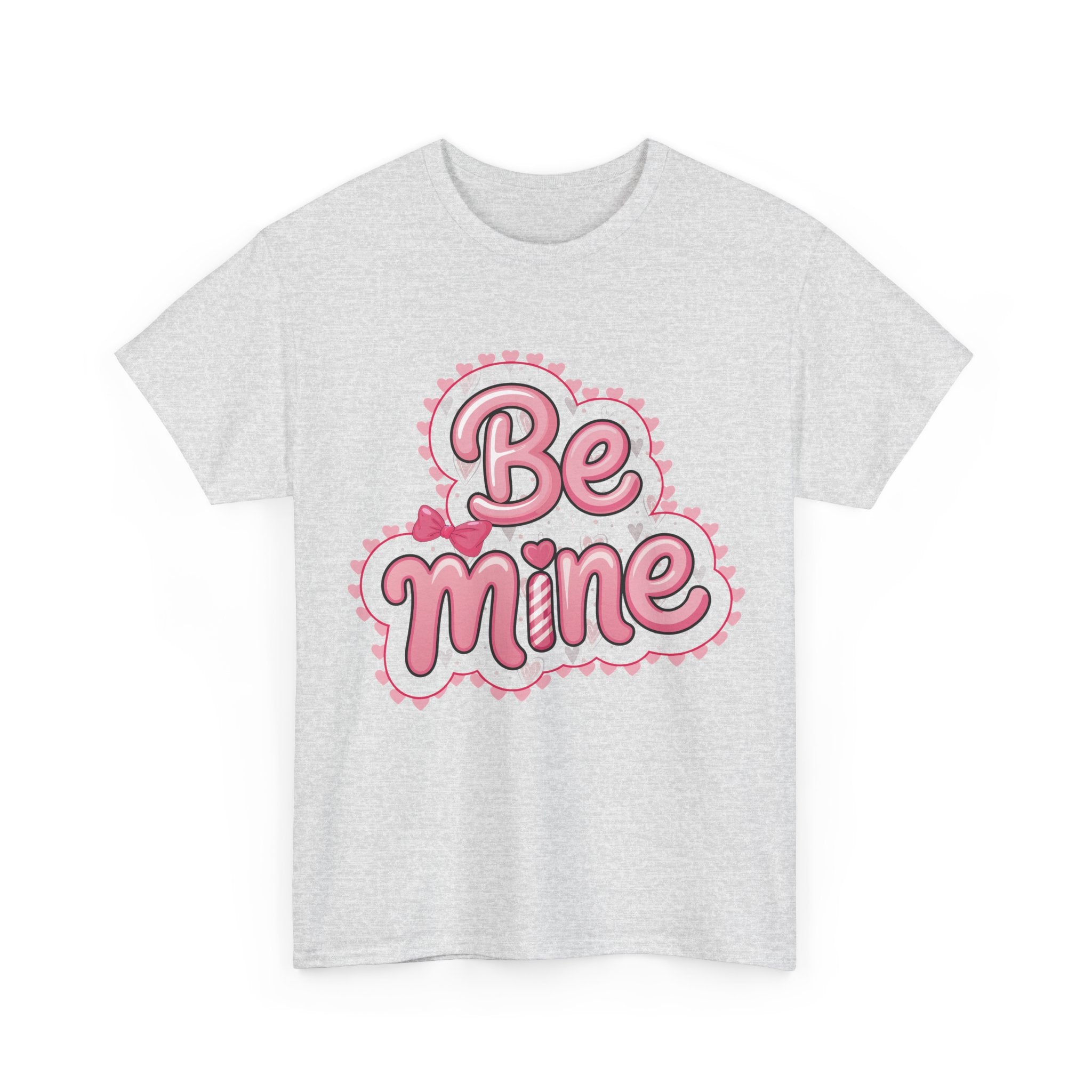 Be Mine Valentine T-Shirt — Pink Bubble Letters with Hearts & Bow..Unisex Cotton Tee