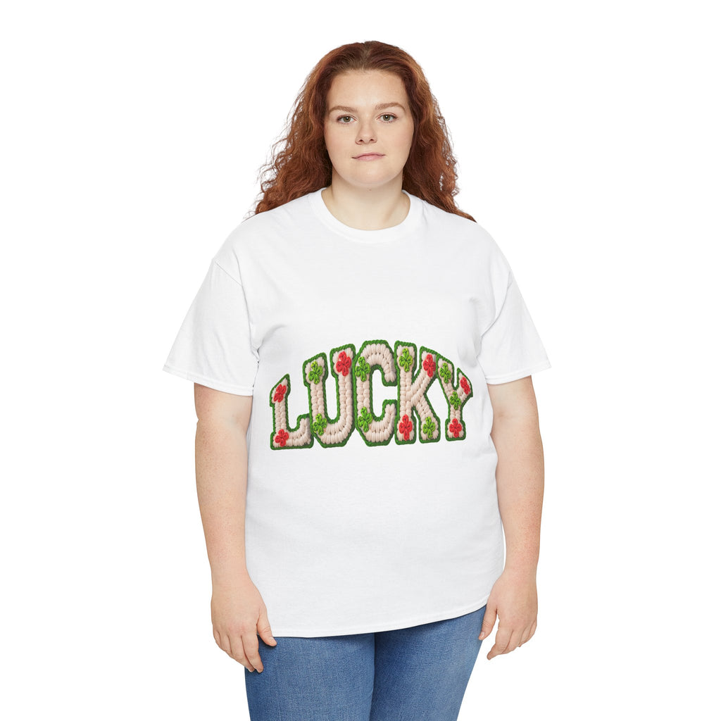 Lucky Crochet Clover T-Shirt — Faux-Yarn Embroidered St. Patrick’s Unisex Cotton Tee