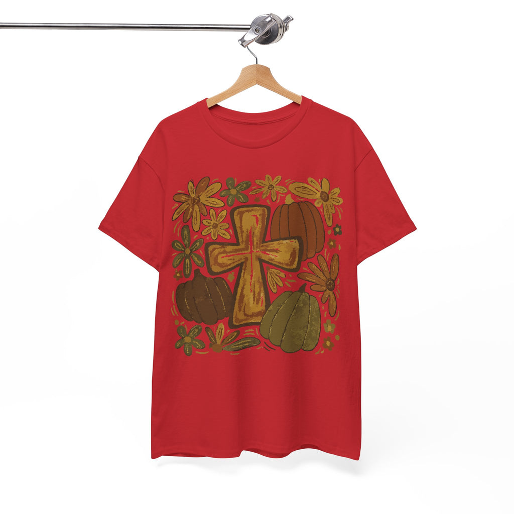 Autumn Cross Tee — Rustic Pumpkin & Fall Floral Christian Unisaex Cotton T-Shirt