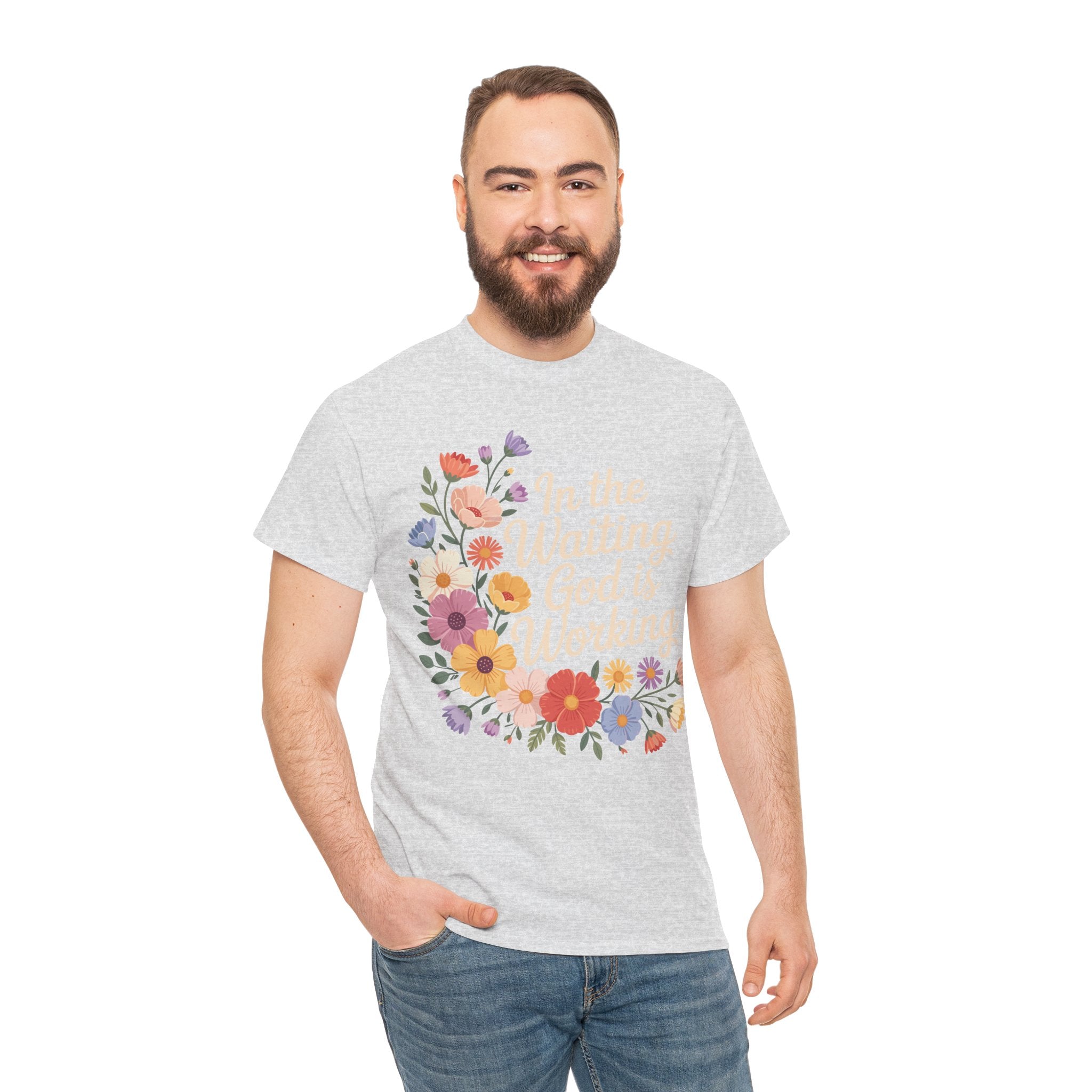 Pastel Floral “In the Waiting God Is Working” Unisex Cotton T-Shirt