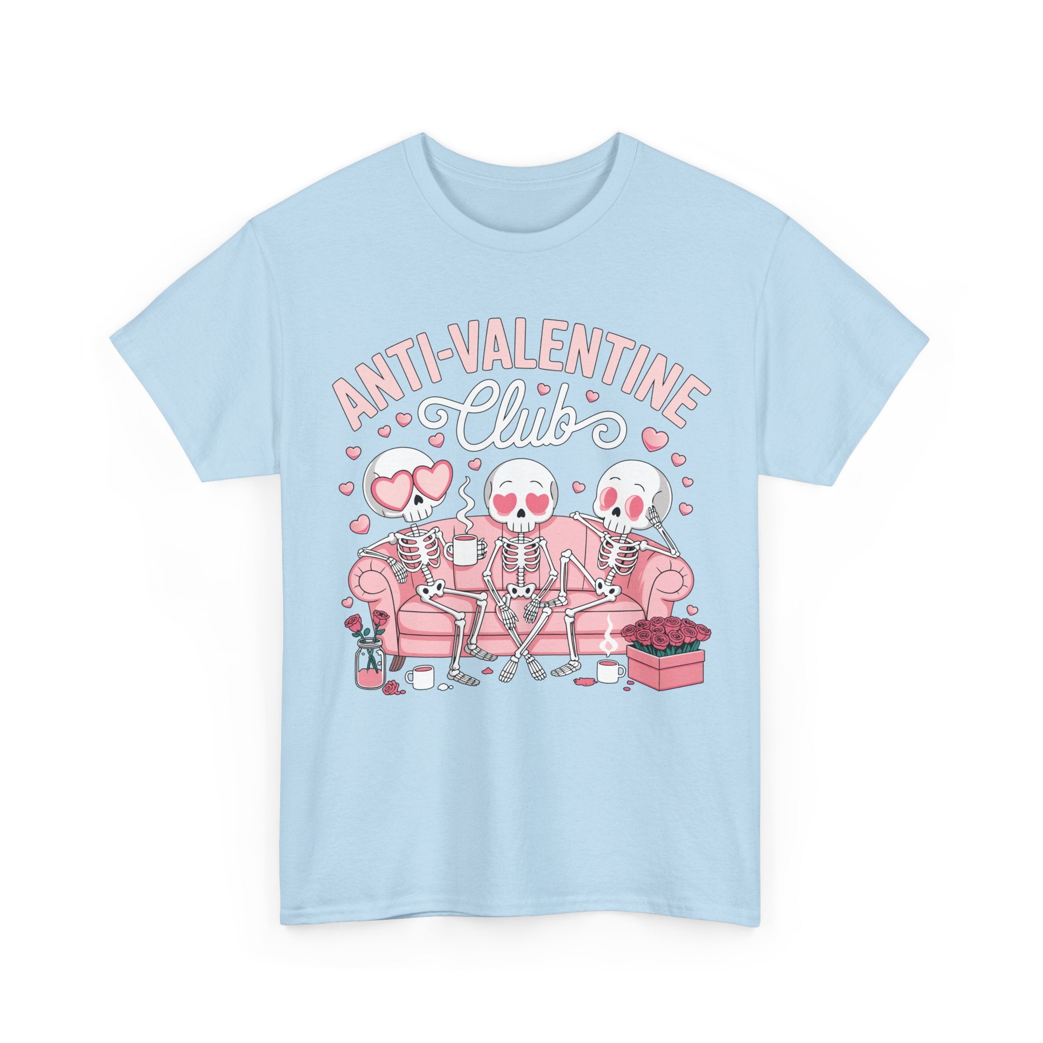 Anti-Valentine Club Skeleton Tee — Anti-Romance Pink Couch Graphic Unisex Cotton T-Shirt