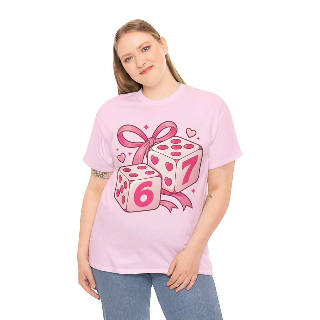 Lucky Love Dice T-Shirt — Pink Heart Dice with Bow..Unisex Cotton Tee
