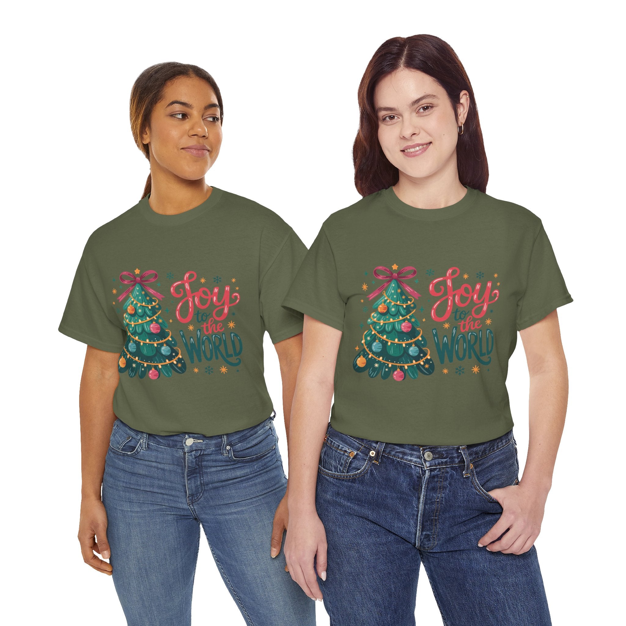 Joy to the World Christmas Tee — Festive Tree with Pink Bow..Unisex Cotton Tee