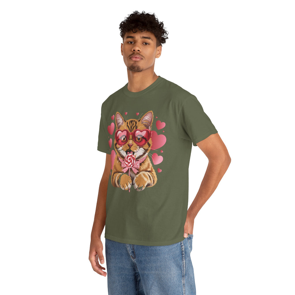 Valentine Cat Tee — Heart Glasses, Lollipop Bow Unisex Cotton Tee