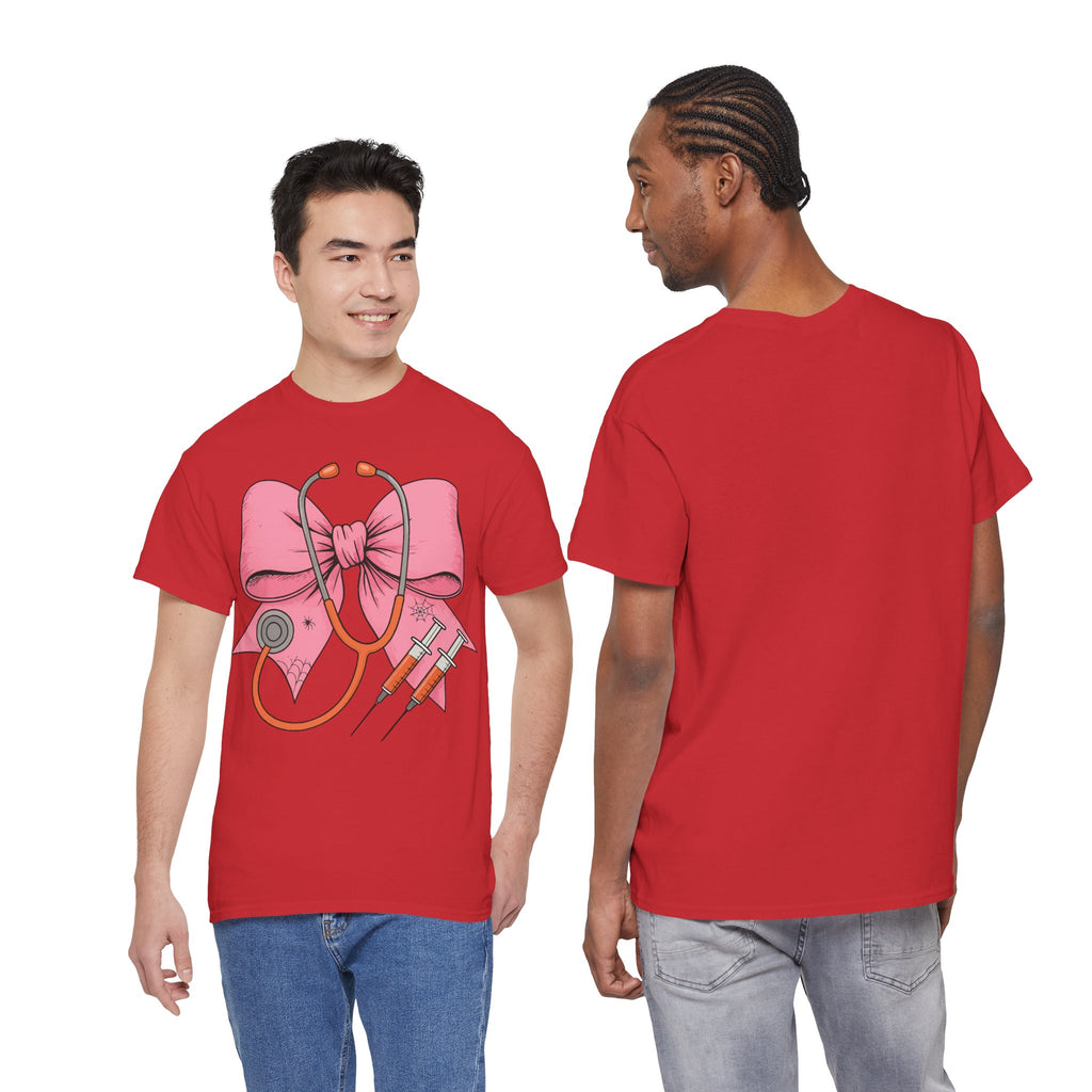 Halloween Nurse T‑Shirt — Pink Nurse Bow with Stethoscope, Syringes & Spider Webs..Unisex Cotton Tee