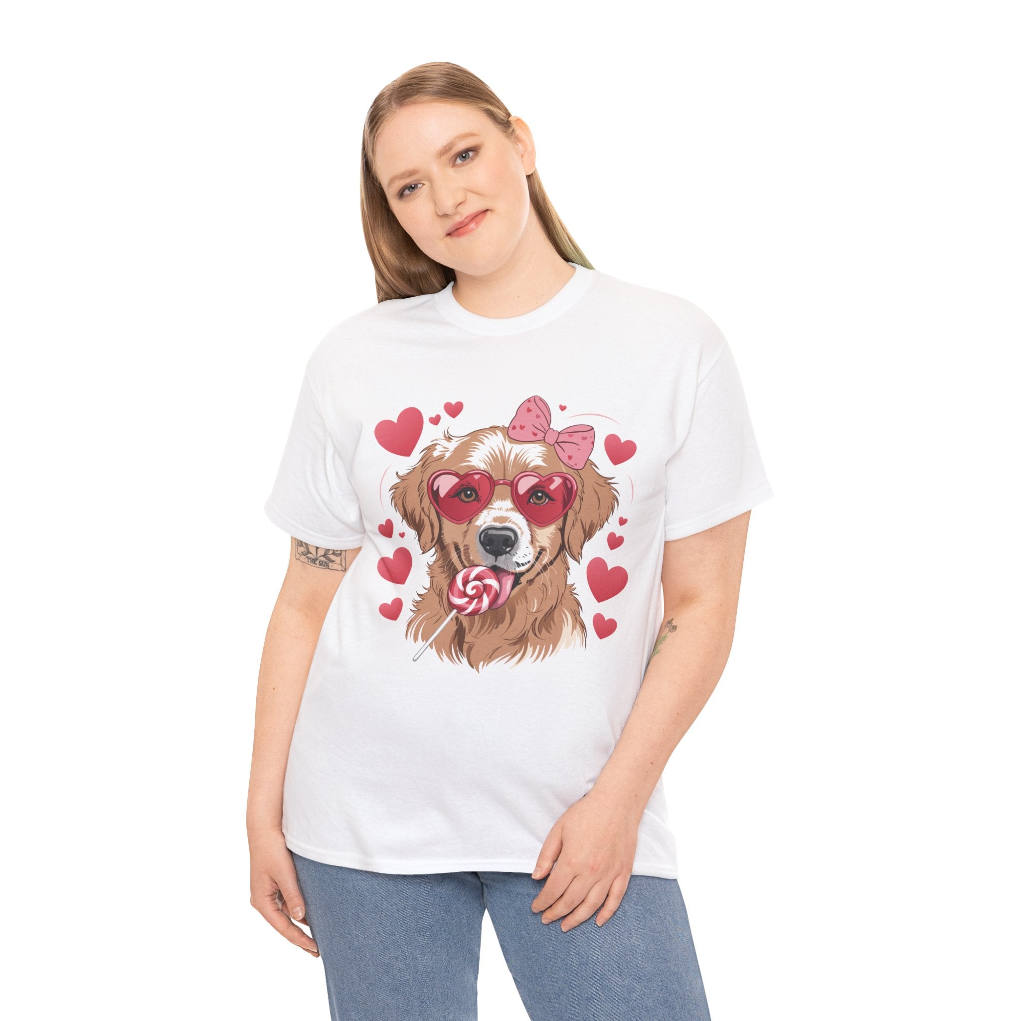 Valentine Dog T-Shirt — Cute Pup with Heart Glasses, Pink Bow & Lollipop..Unisex Cotton Tee
