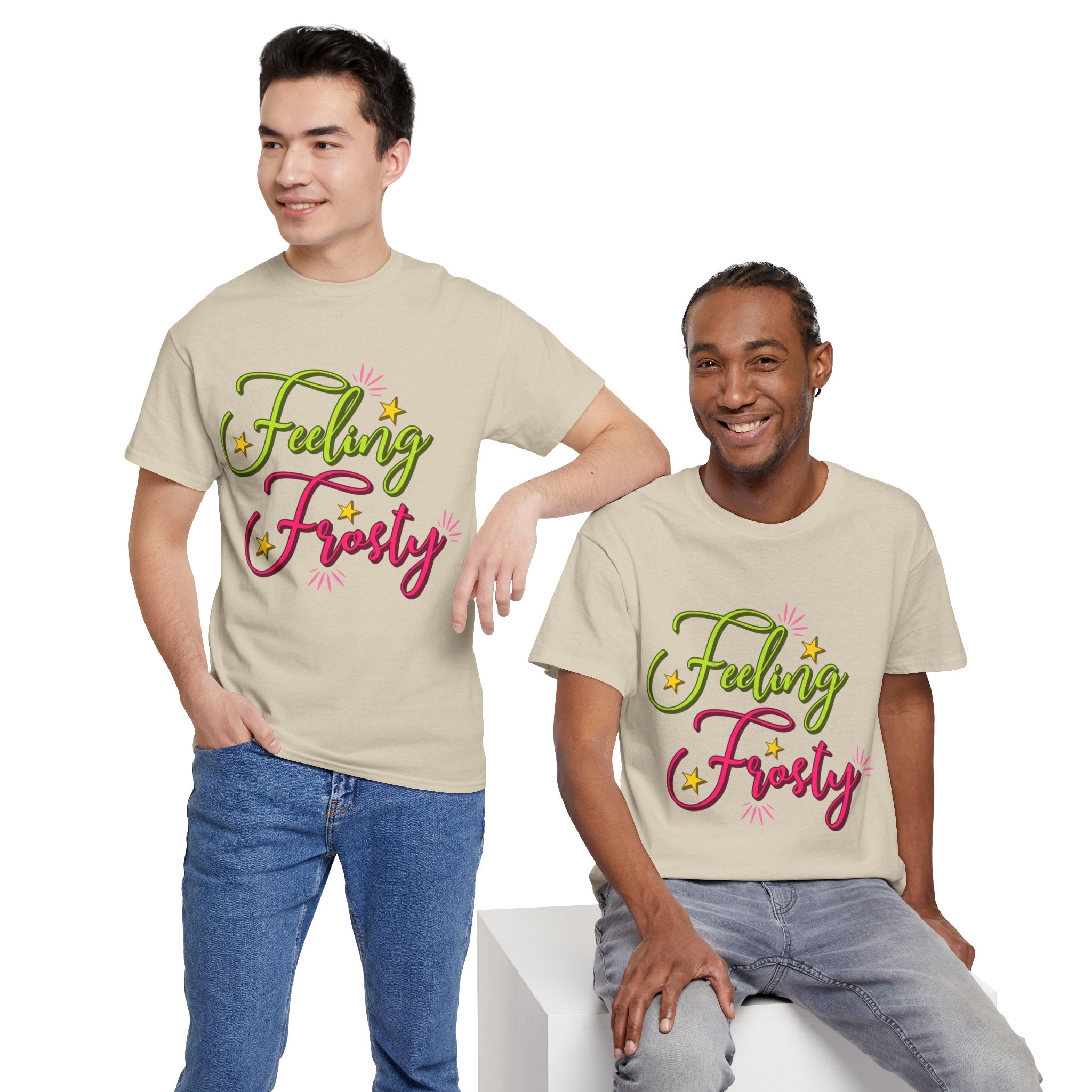 Feeling Frosty Holiday T-Shirt — Green & Pink Script Stars.Unisex Cotton Tee