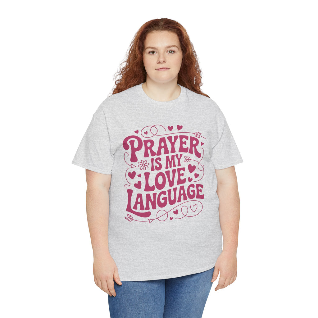 Prayer Is My Love Language Christian Tee — Pastel Pink Hearts Unisex Cotton Tee