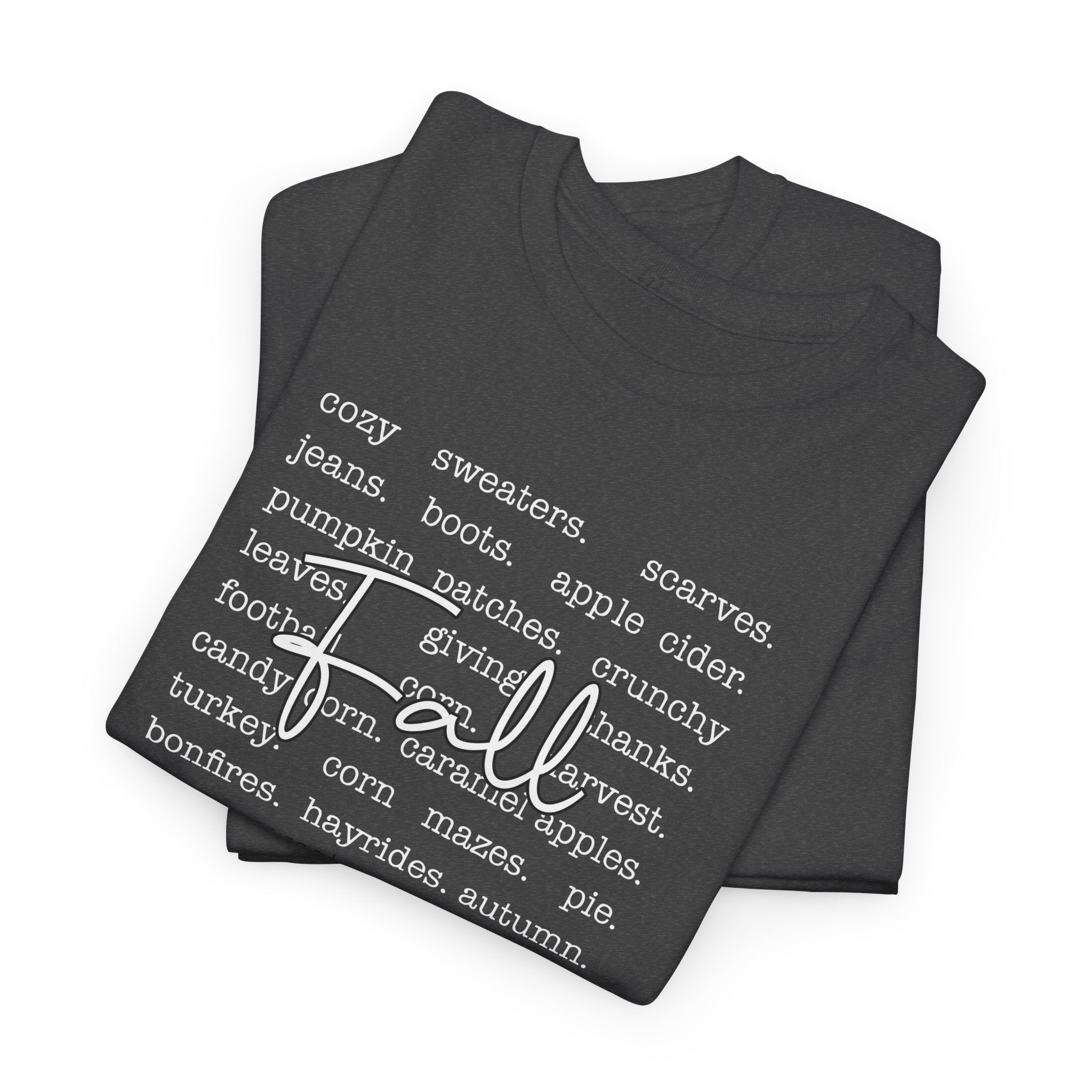 Fall Cursive Typography T-Shirt — Sweaters, Cider & Pumpkins. Unisex Cotton Tee