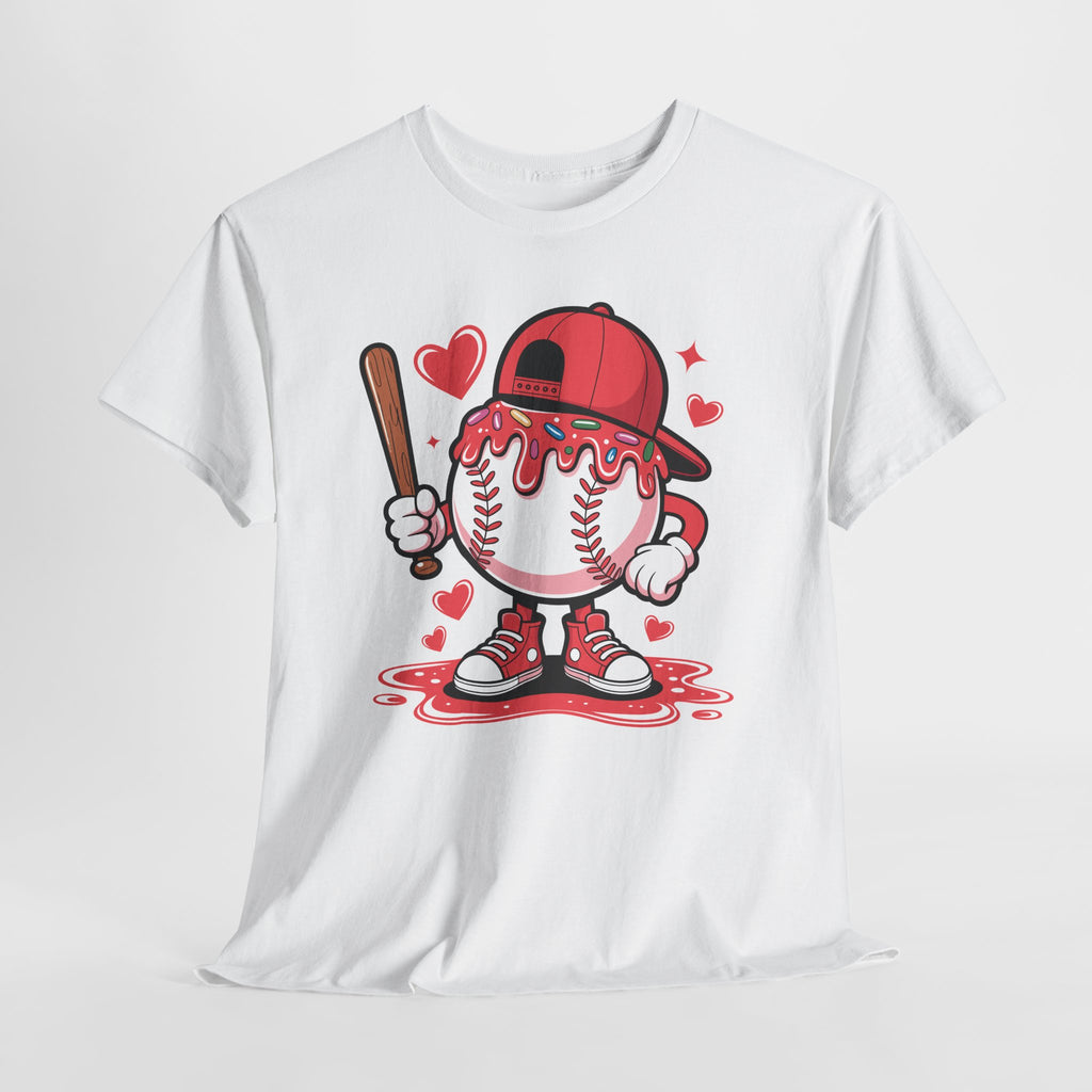 Cute Baseball Character T-Shirt — Red Cap & Icing Top Graphic with Hearts Unisex Cotton Tee