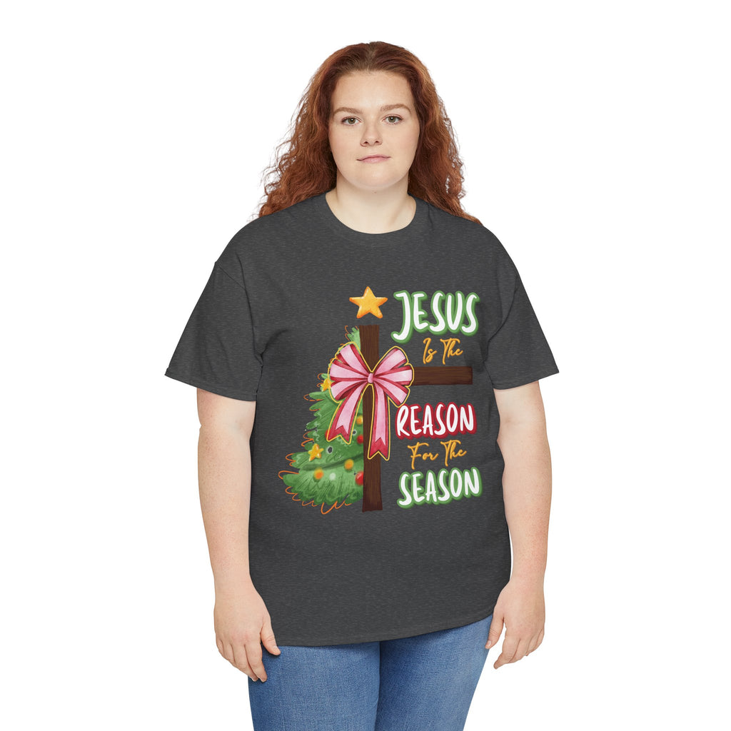 Jesus Is the Reason for the Season Christmas Tee — Cross with Pink Bow & Tree. Unisex Cotton Tee