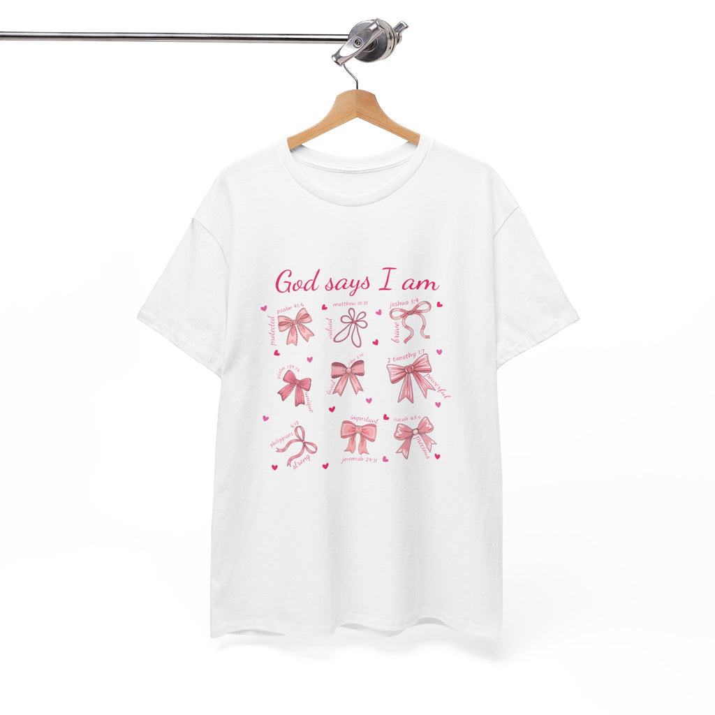 God Says I Am Christian Tee — Pink Affirmation T-Shirt with Bible Verse Bows.Unisex Cotton Tee