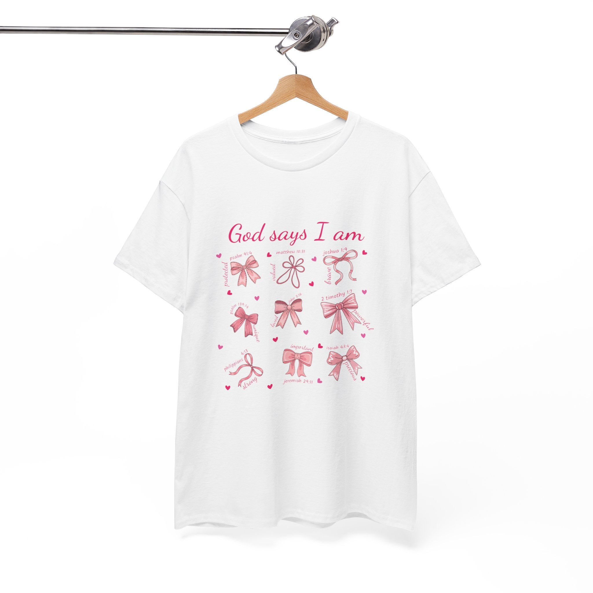 God Says I Am Christian Tee — Pink Affirmation T-Shirt with Bible Verse Bows.Unisex Cotton Tee