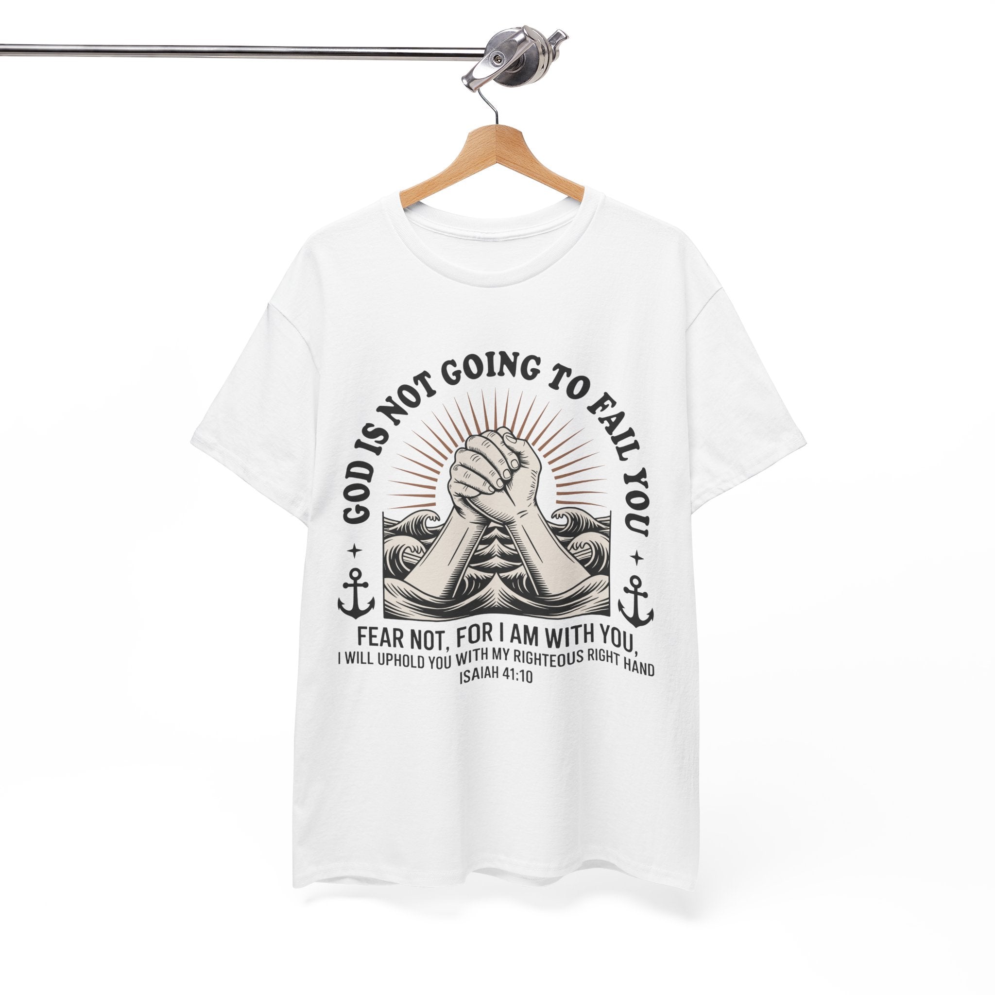 Isaiah 41:10 "Fear Not, For I Am With You" T-Shirt — Clasped Hands Rising from Waves Christian Unisex Cotton Tee
