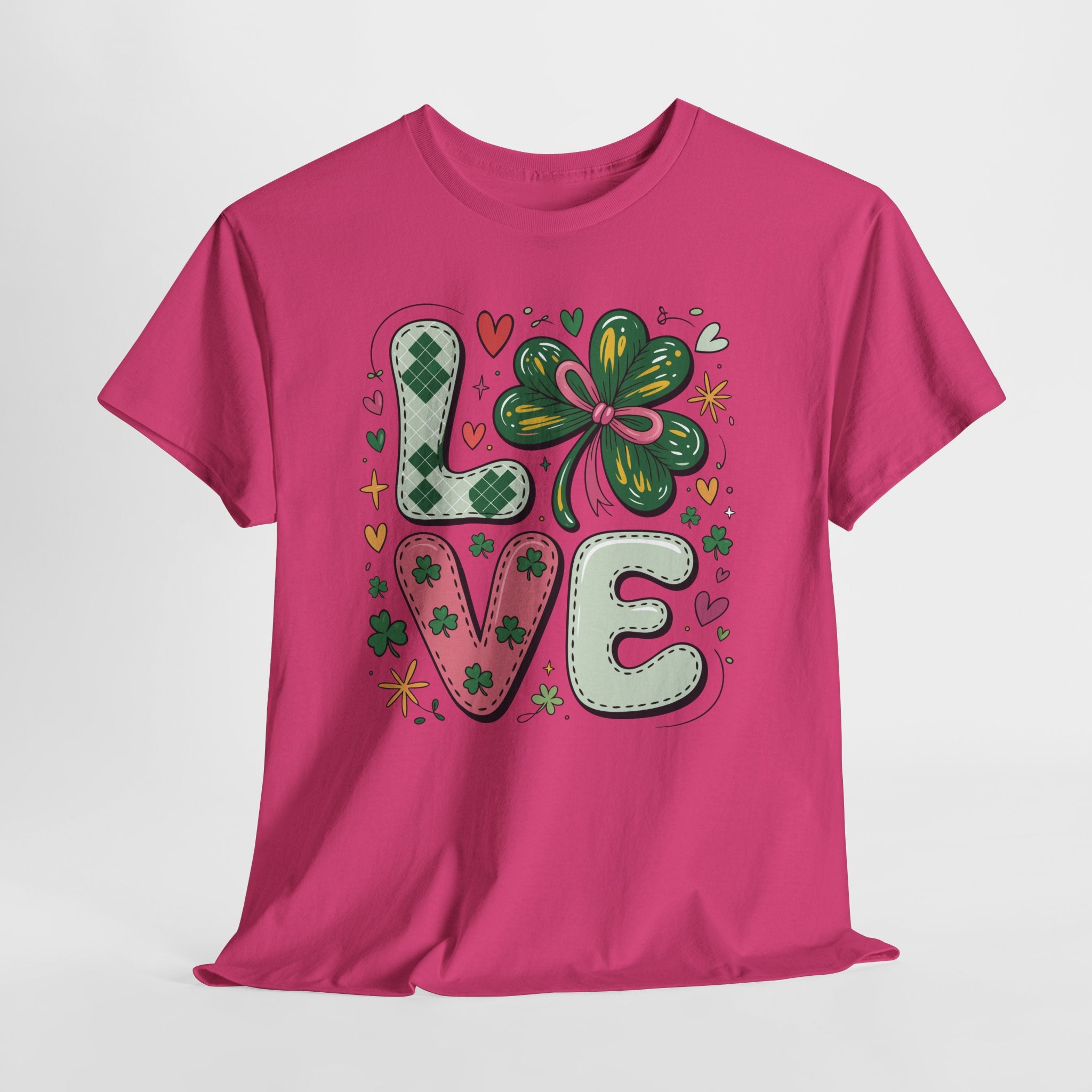 Stitched Clover 'LOVE' Tee — Heart & Patchwork St. Patrick's Unisex Cotton T-Shirt