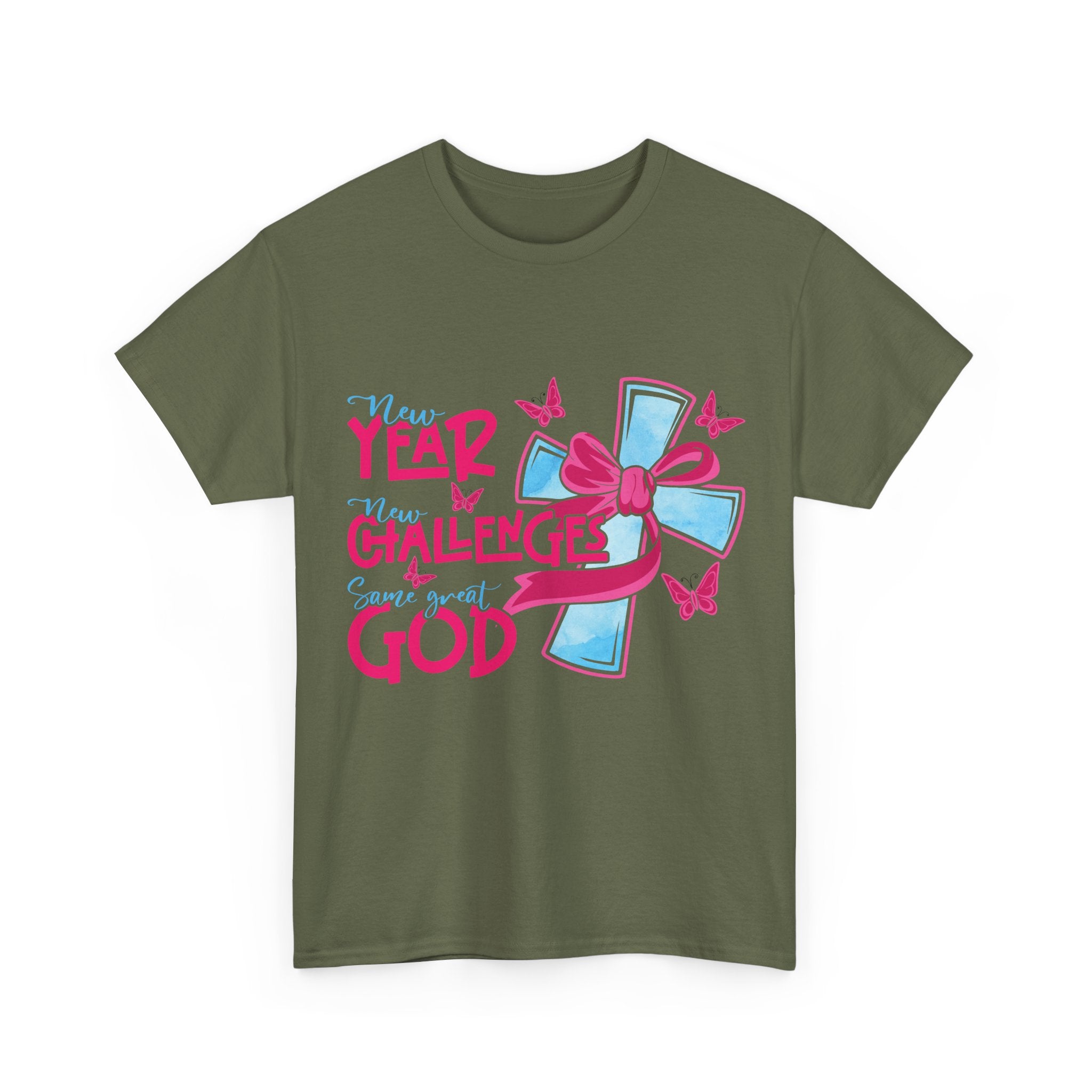 Christian T-Shirt — “New Year, New Challenges, Same Great God” with Pink Bow Cross & Butterflies. Unisex Cotton Tee